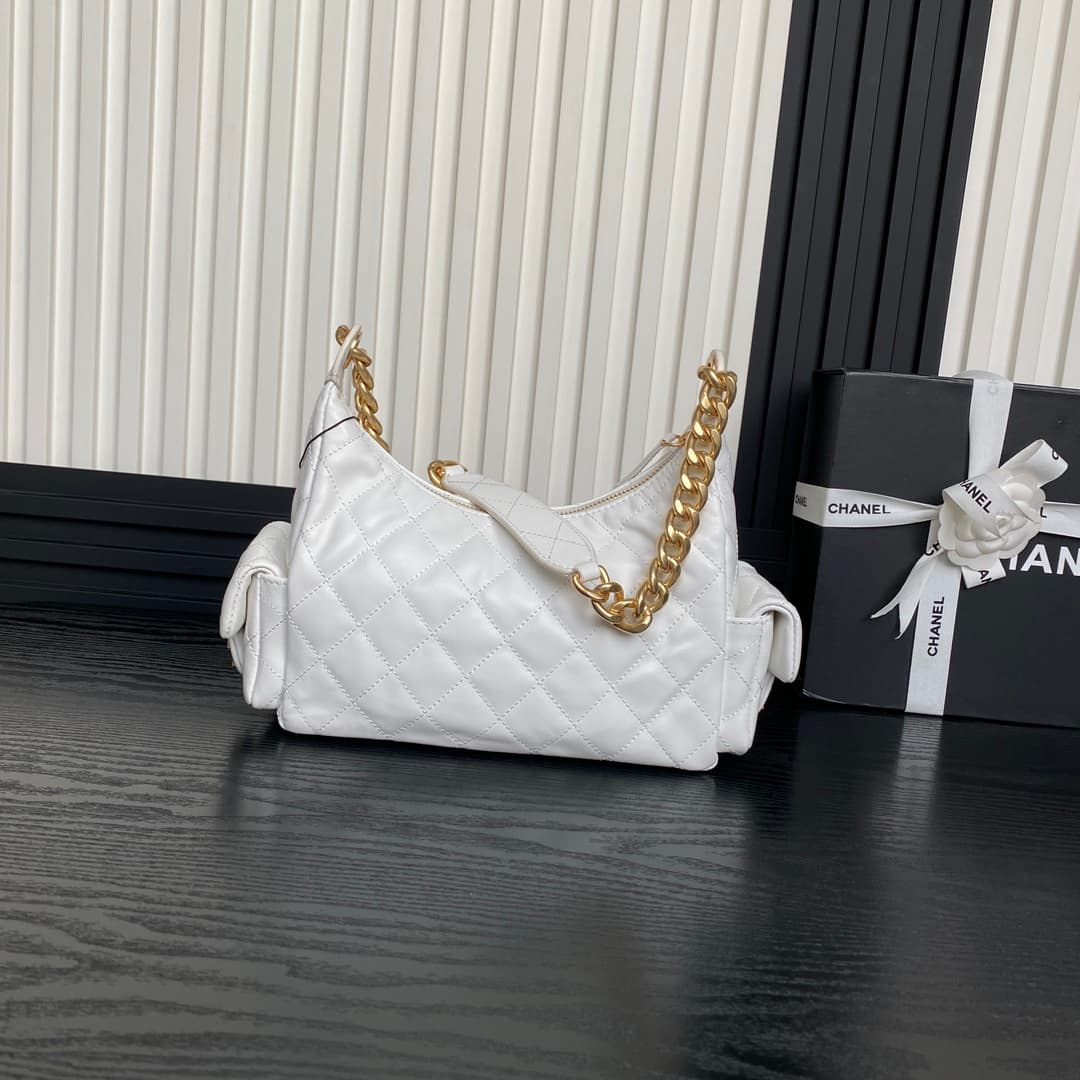 Chanel Trendy Pockets Hobo Bag Lambskin & Gold Metal White AS5339 A