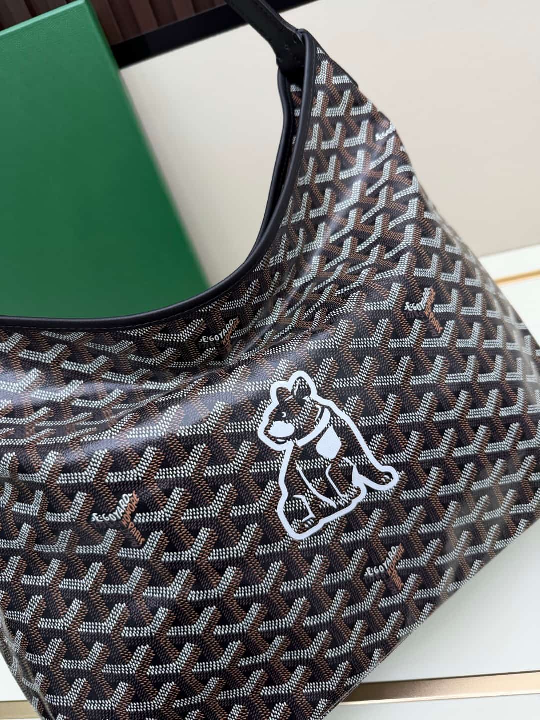 Goyard Bohème Black Hobo Bag Chevron Canvas and  White Painted Mascot High
