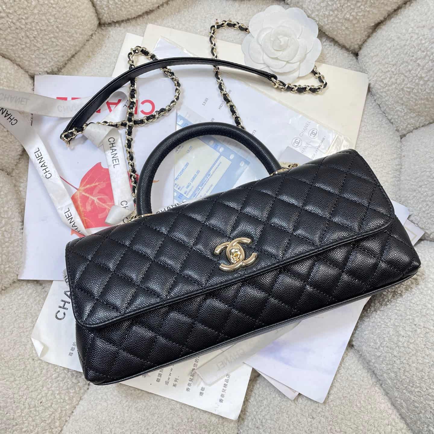 Chanel Maxi Flap Bag with Top Handle Grained Calfskin& Gold-Tone Metal AS6091 Black A