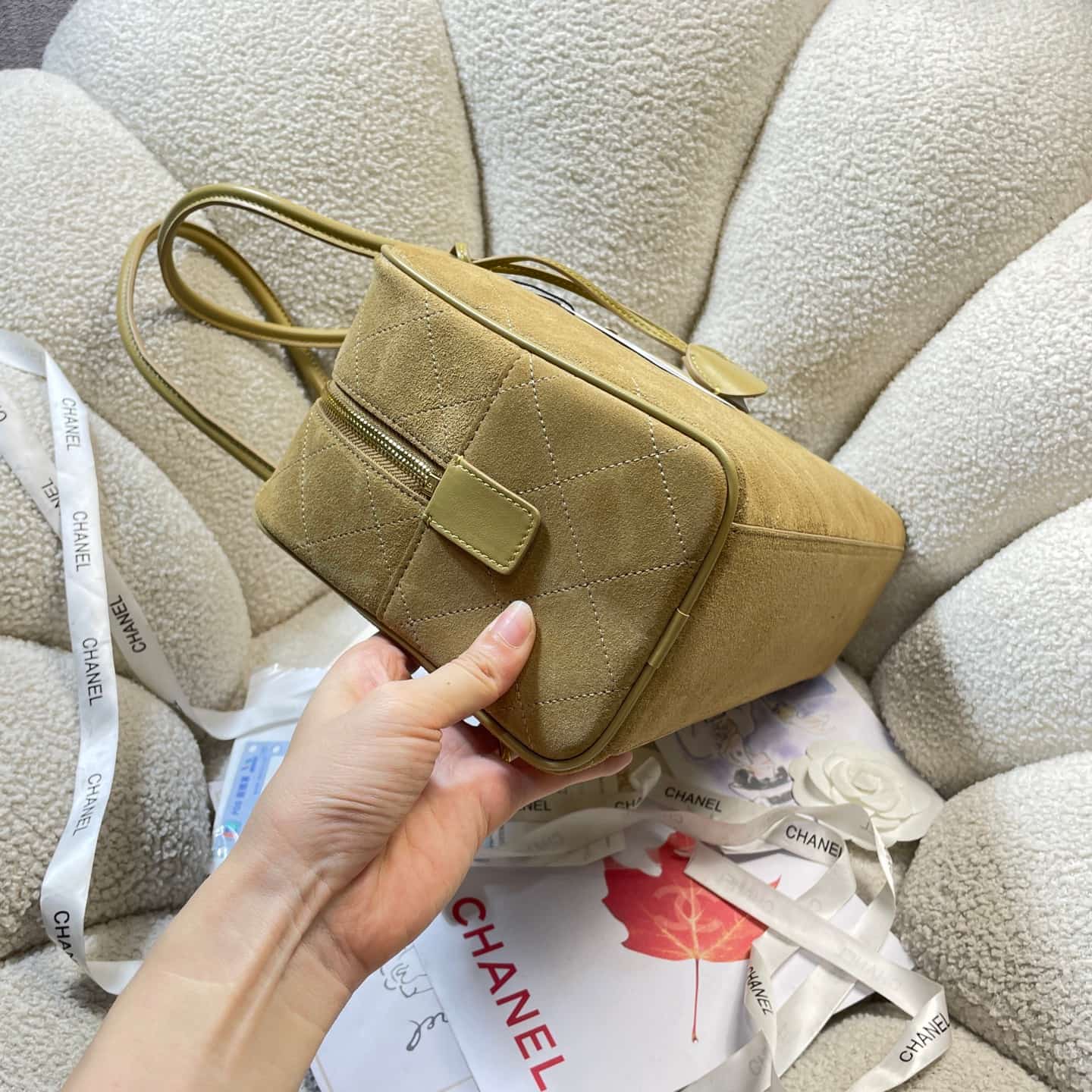 Chanel Maxi bowling bag Suede calfskin & Gold-Tone Metal Yellow AS6211 A