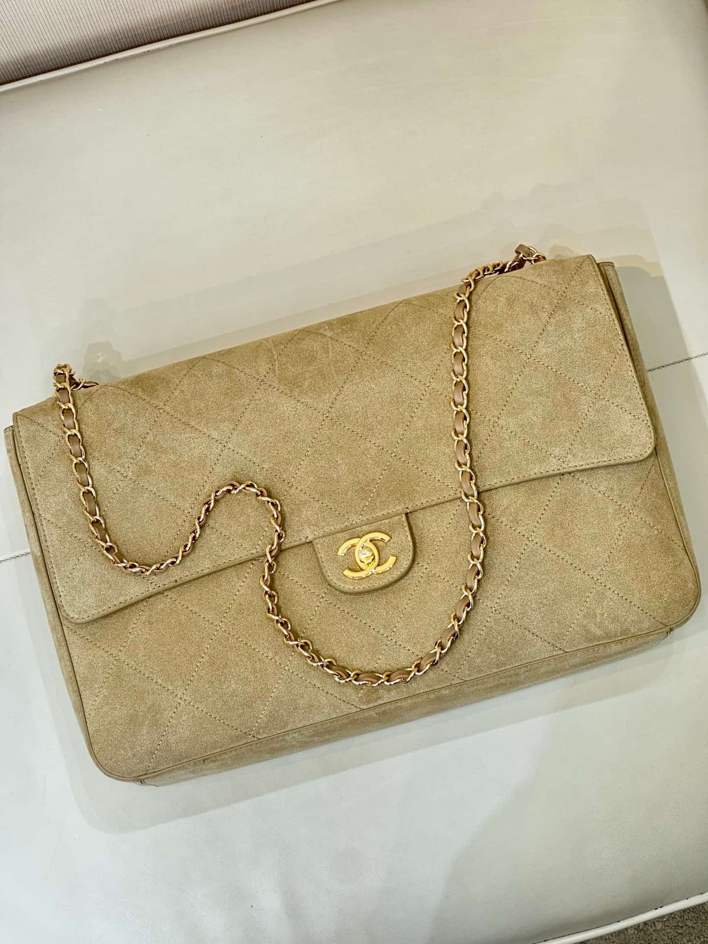 Chanel Maxi Flap bag Suede Calfskin & Gold-Tone Metal Dark Beige AS6234 TOP