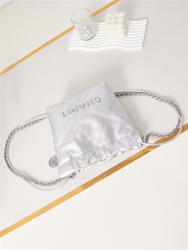 Chanel 22 MINI HANDBAG Shiny Calfskin Silver & Silver-Tone Metal AS3980 A
