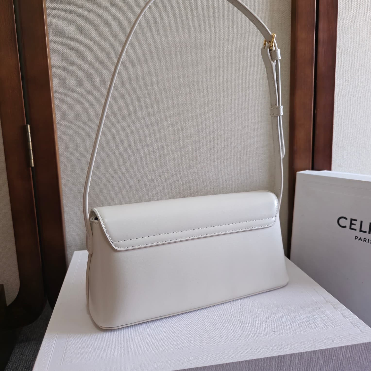 Celine Triomphe Shoulder Bag in Shiny Calfskin White High