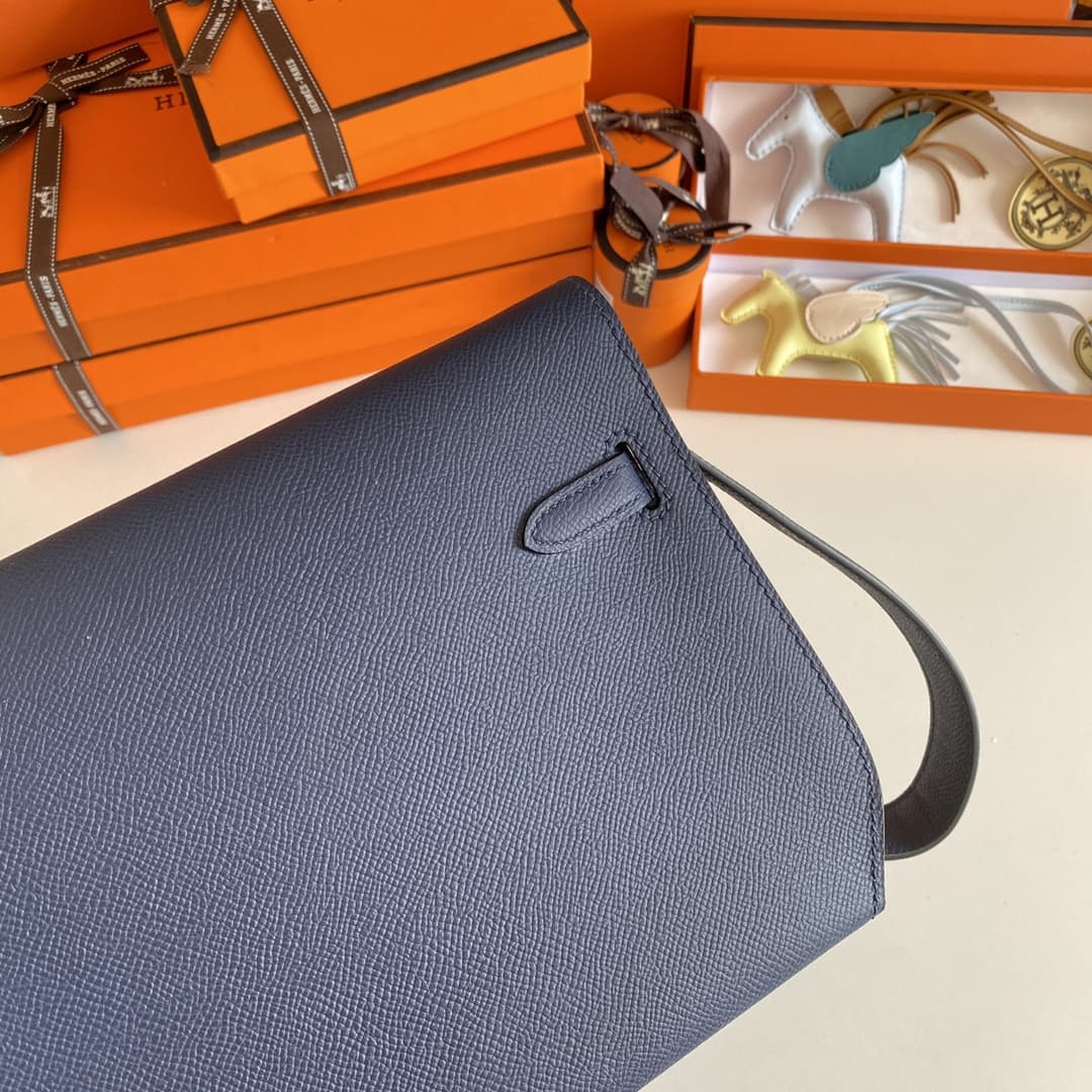 Hermes Kelly Depeches 25 Pouch Epsom Leather Bleu Saphir WAX High