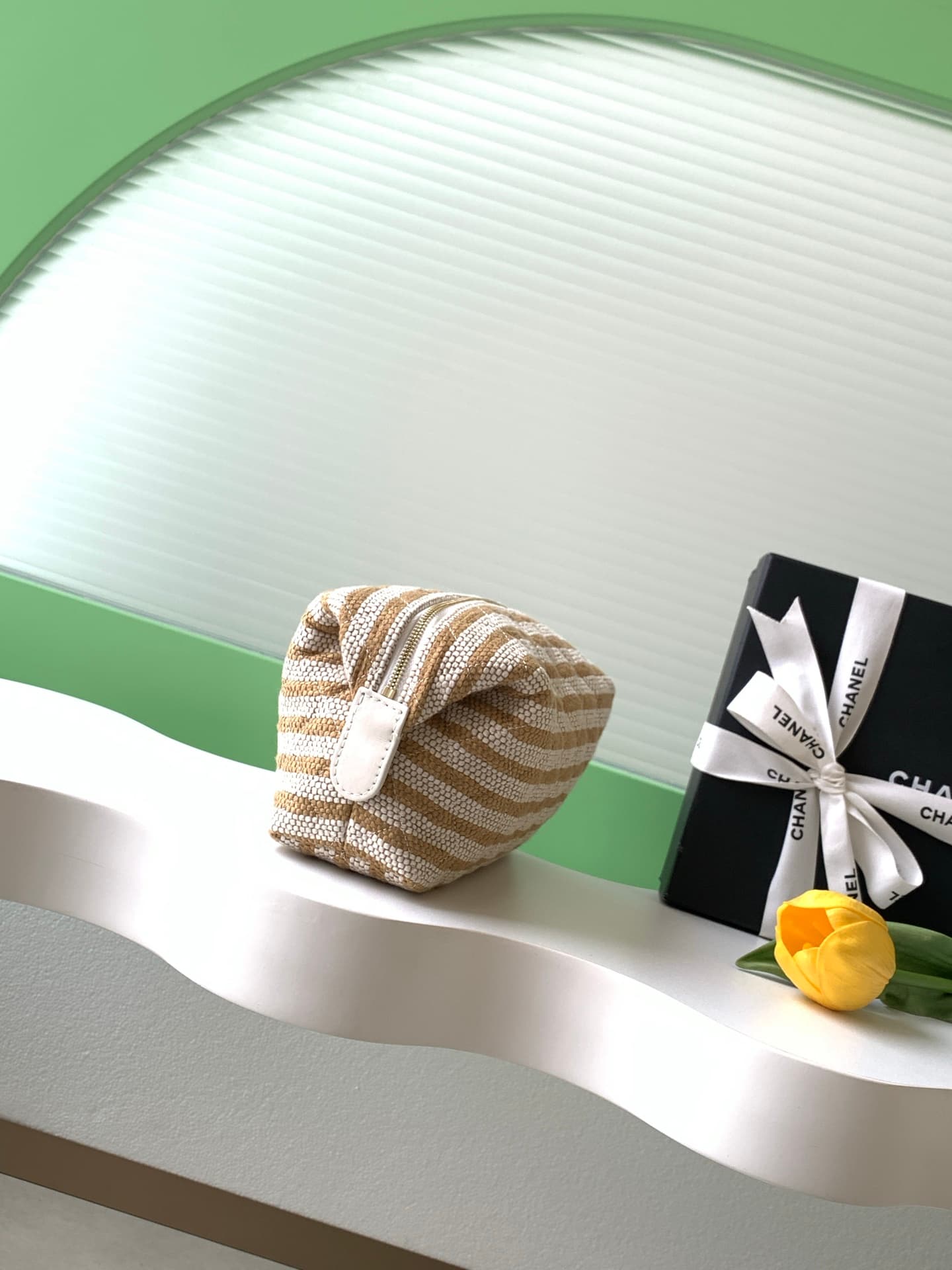 CHANEL Stripe Cosmetic Pouch Bag Printed fabric & Gold-Tone Metal Beige & Light Beige AP4990 A