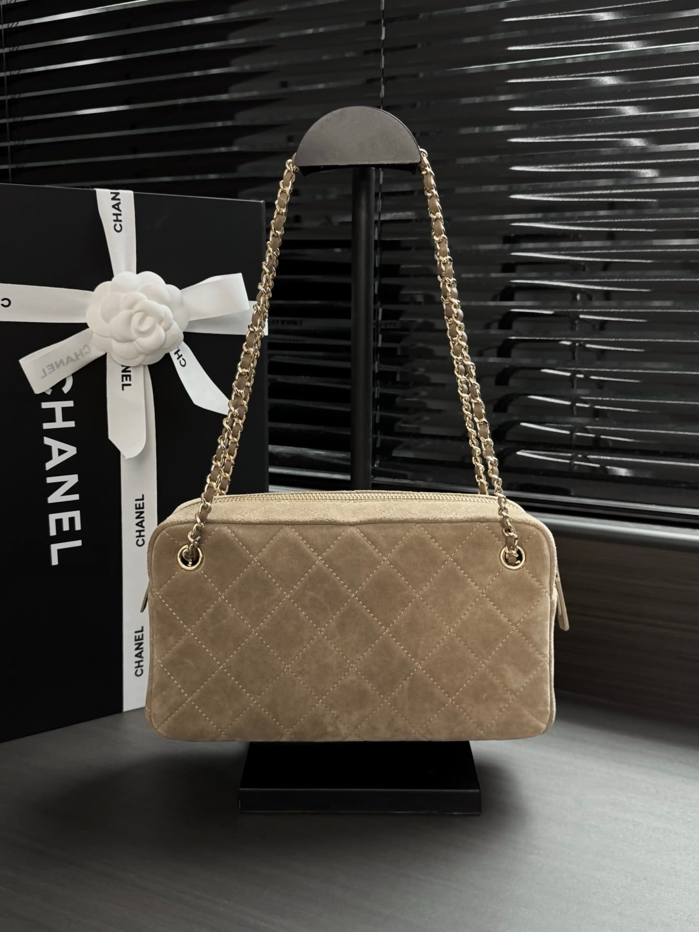 Chanel Maxi Camera Case Suede Calfskin & Gold Metal Dark Beige AS6443 A