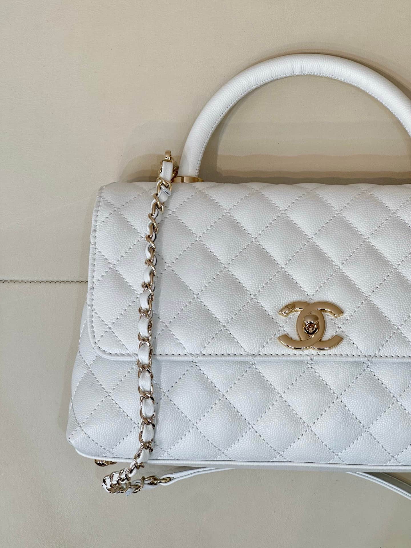 Chanel Medium FLAP BAG WITH TOP HANDLE Grained Calfskin Gold Metal A92991 TOP
