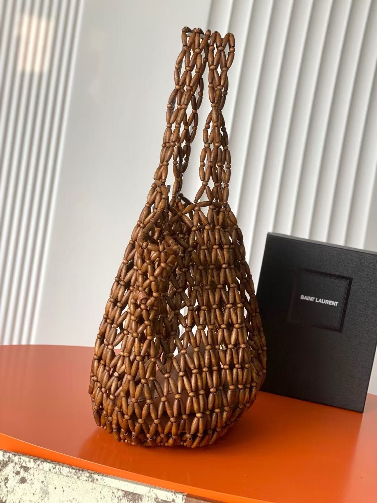 SAINT LAURENT ICARE MEDIUM IN WOOD BEADS LIGHT WOOD AND BRICK High