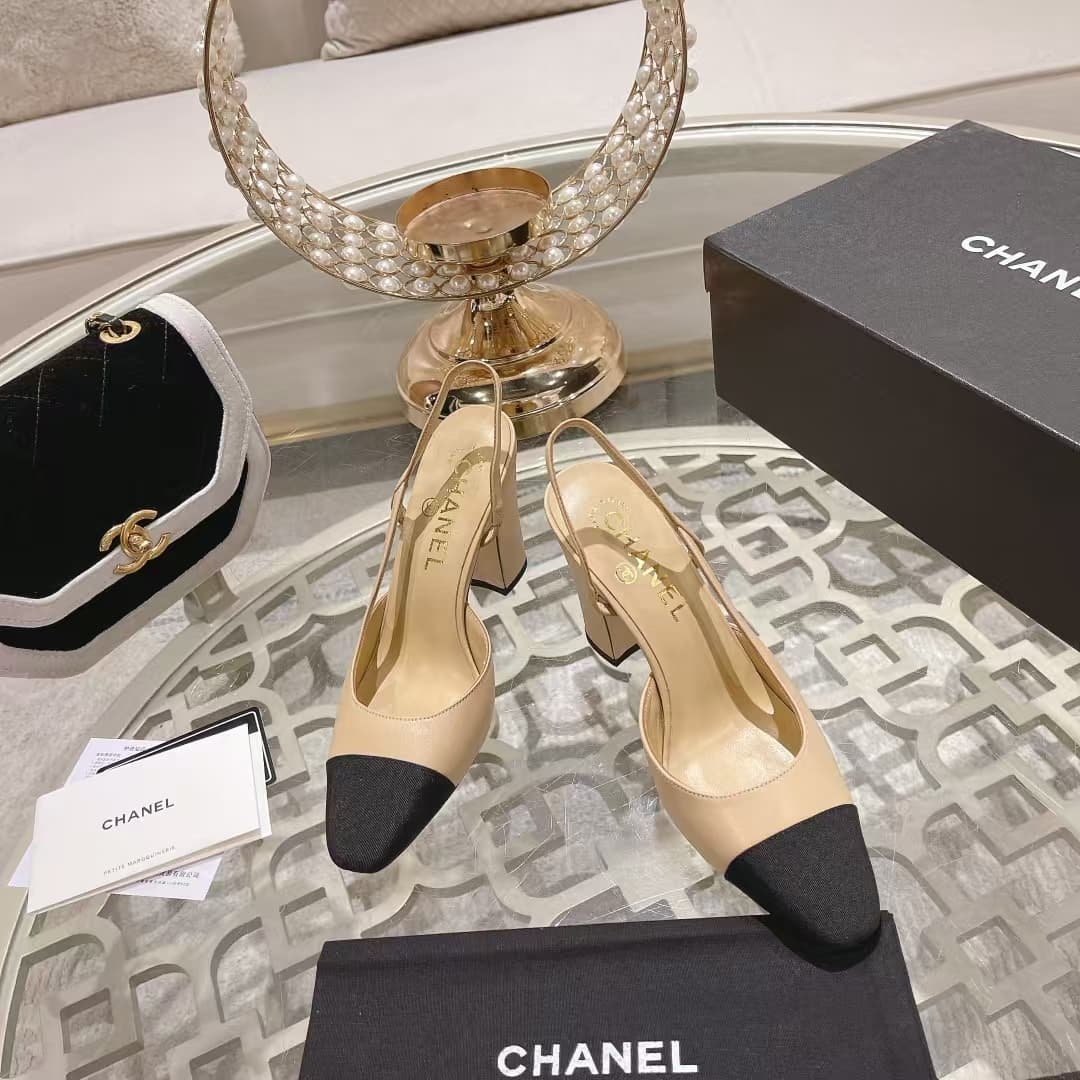 Chanel Slingbacks Goatskin & Grosgrain Beige & Black