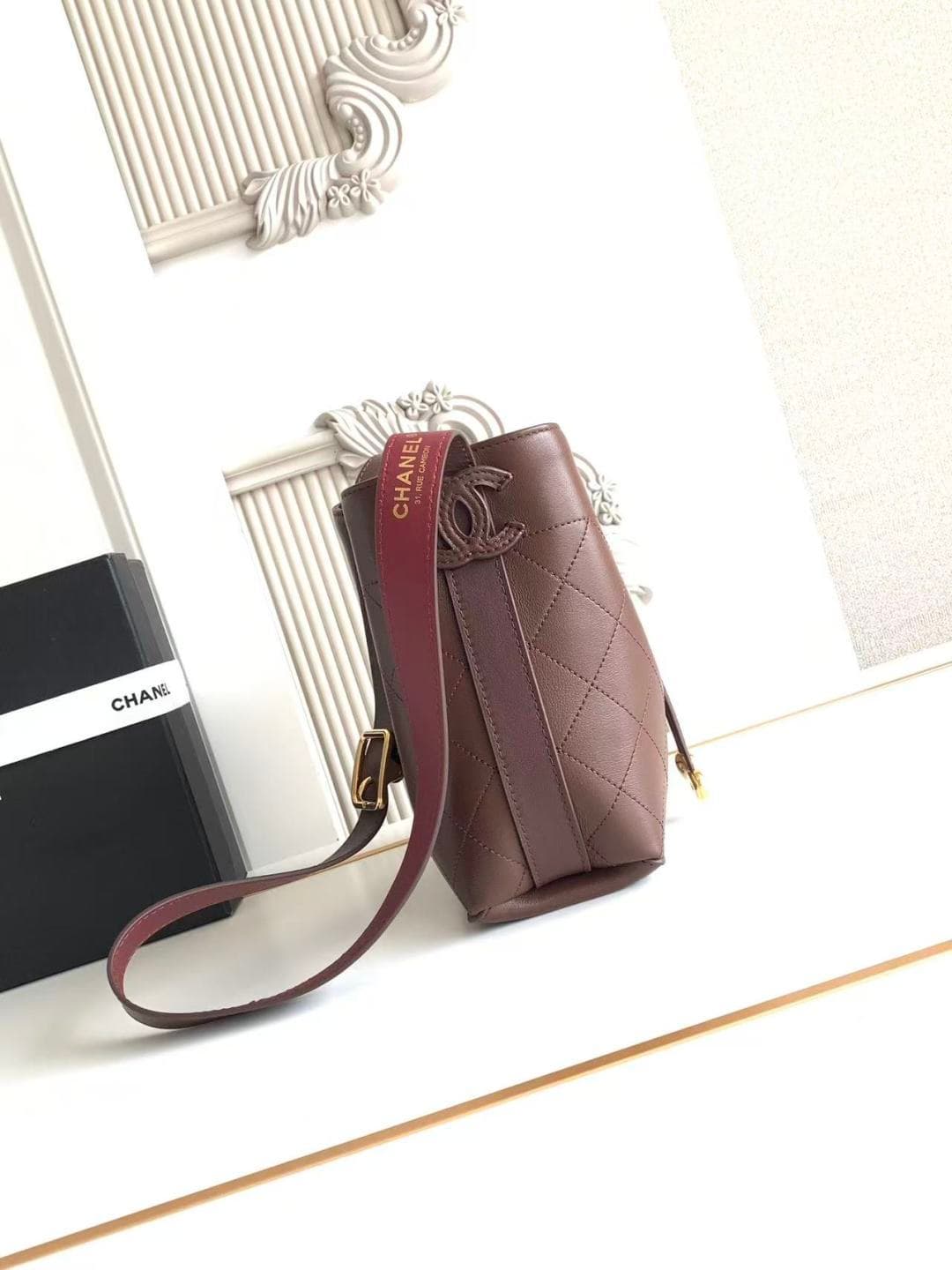 Chanel Small Bucket Bag Calfskin Leather & Gold-Tone Metal Dark Brown AS6537 A