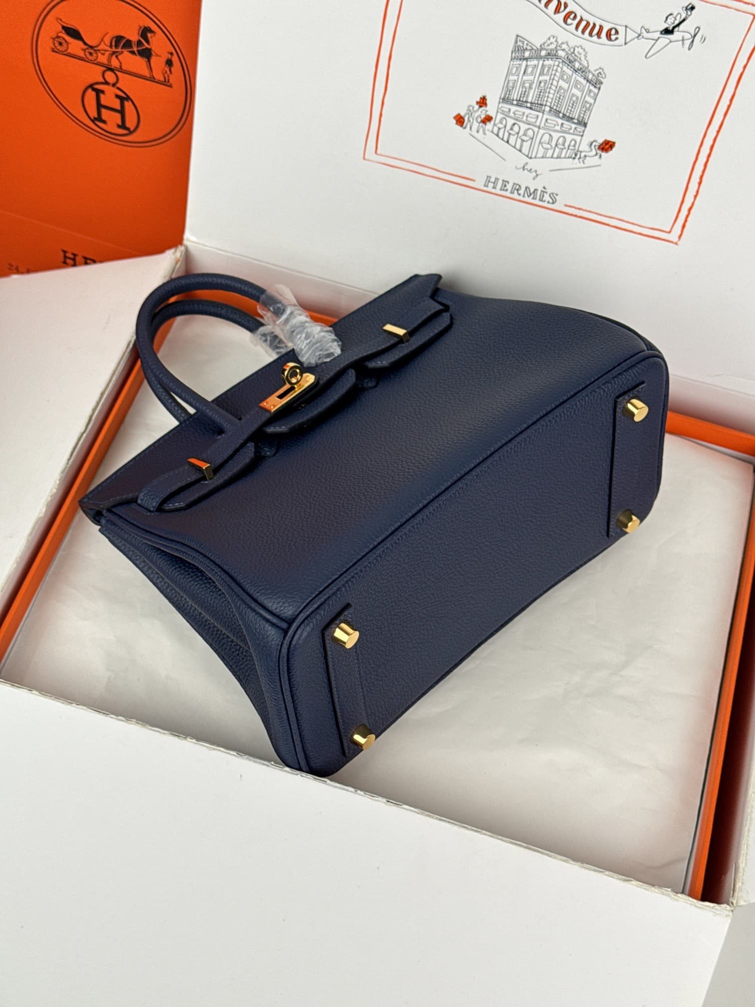 Hermes Birkin 25/30 Bag Togo Calfskin Leather Bleu Obscur High