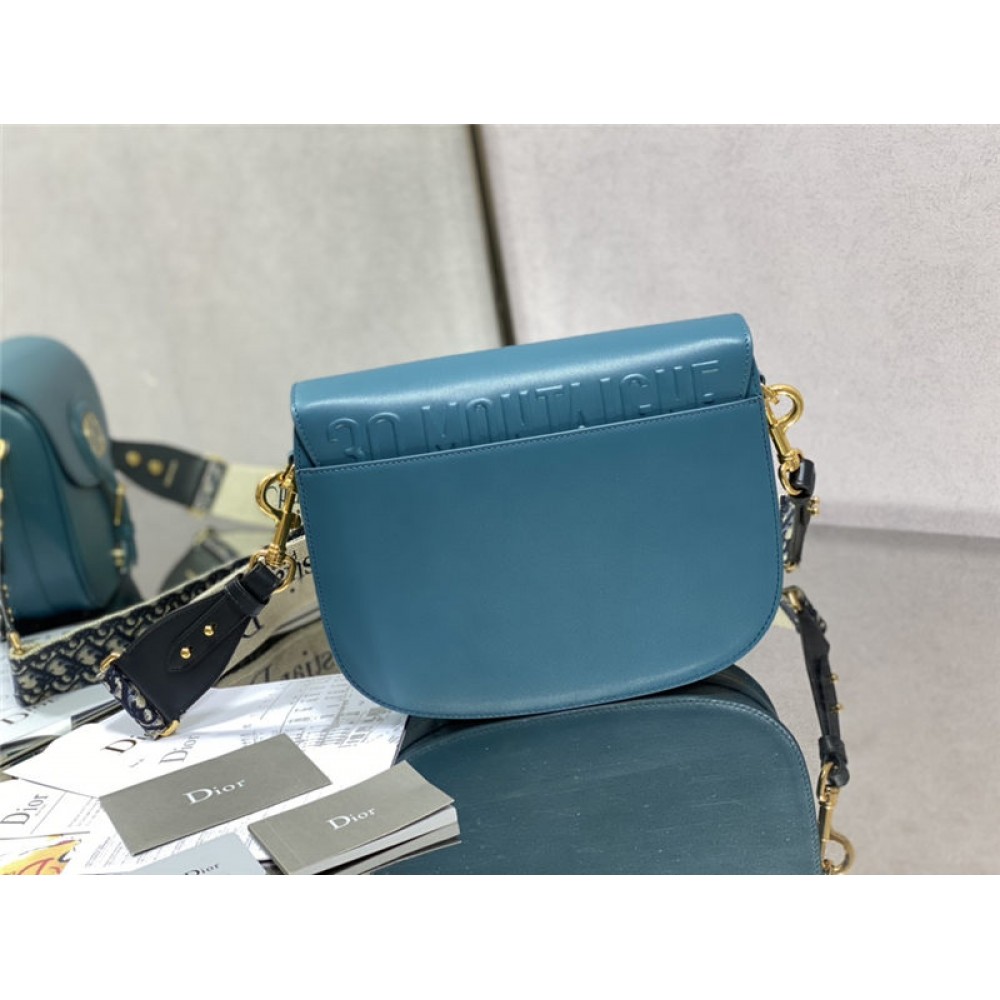 LARGE Dior BOBBY BAG Box Calfskin with Blue Dior Oblique Embroidered Strap Blue High