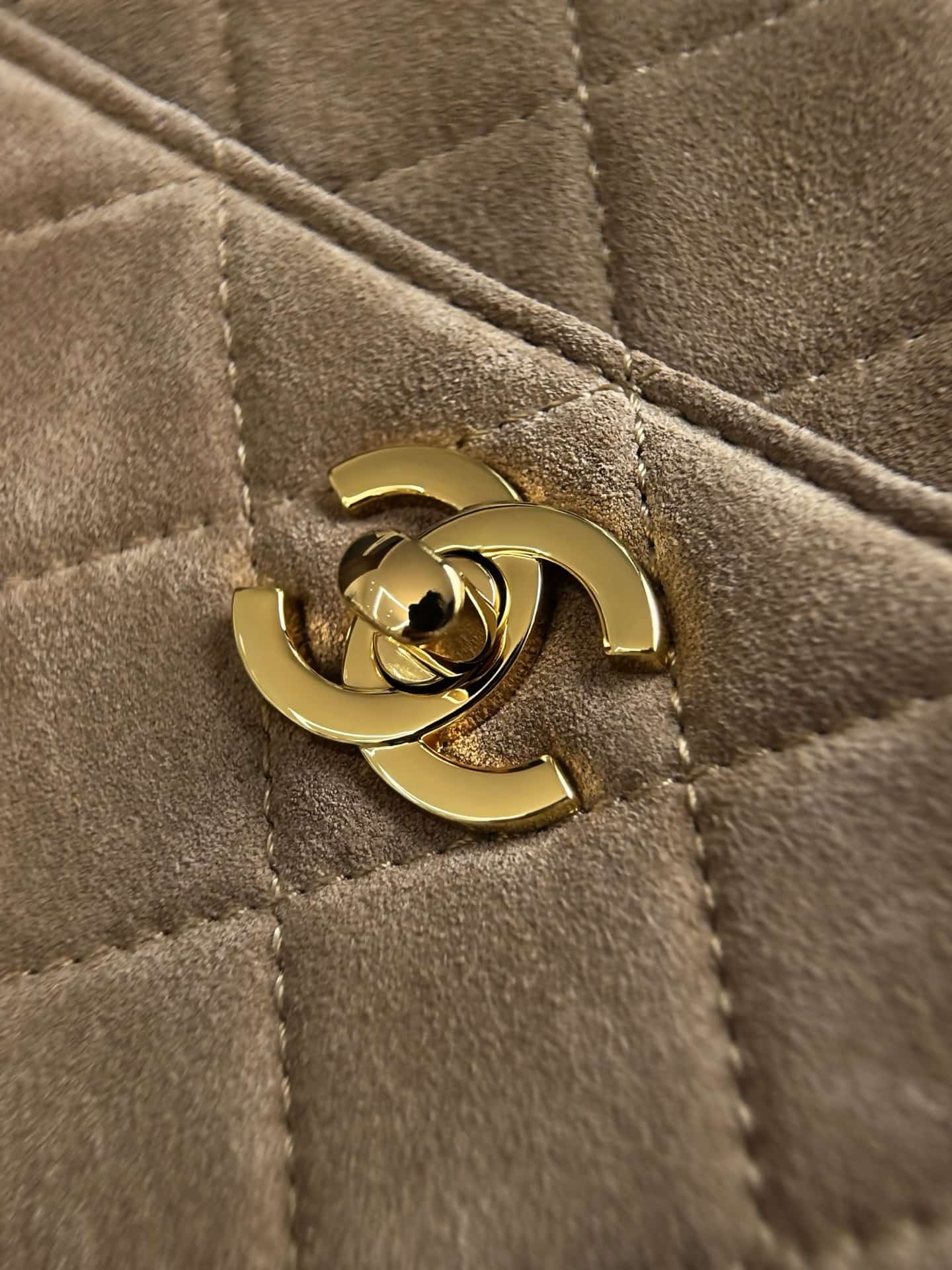 Chanel Maxi Camera Case Suede Calfskin & Gold Metal Dark Beige AS6443 A