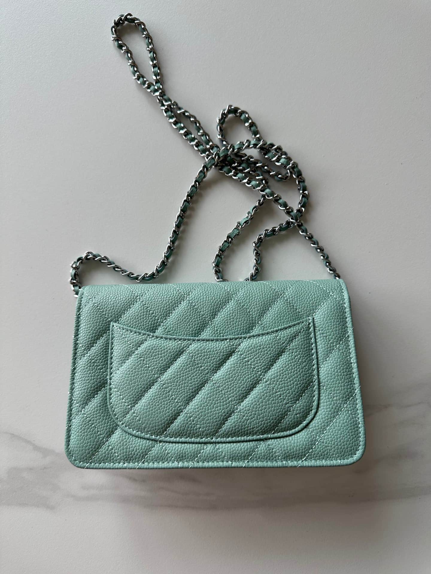 Chanel Classic Wallet on Chain Grained Shiny Calfskin & Silver-Tone Metal AP4241 Light Green High