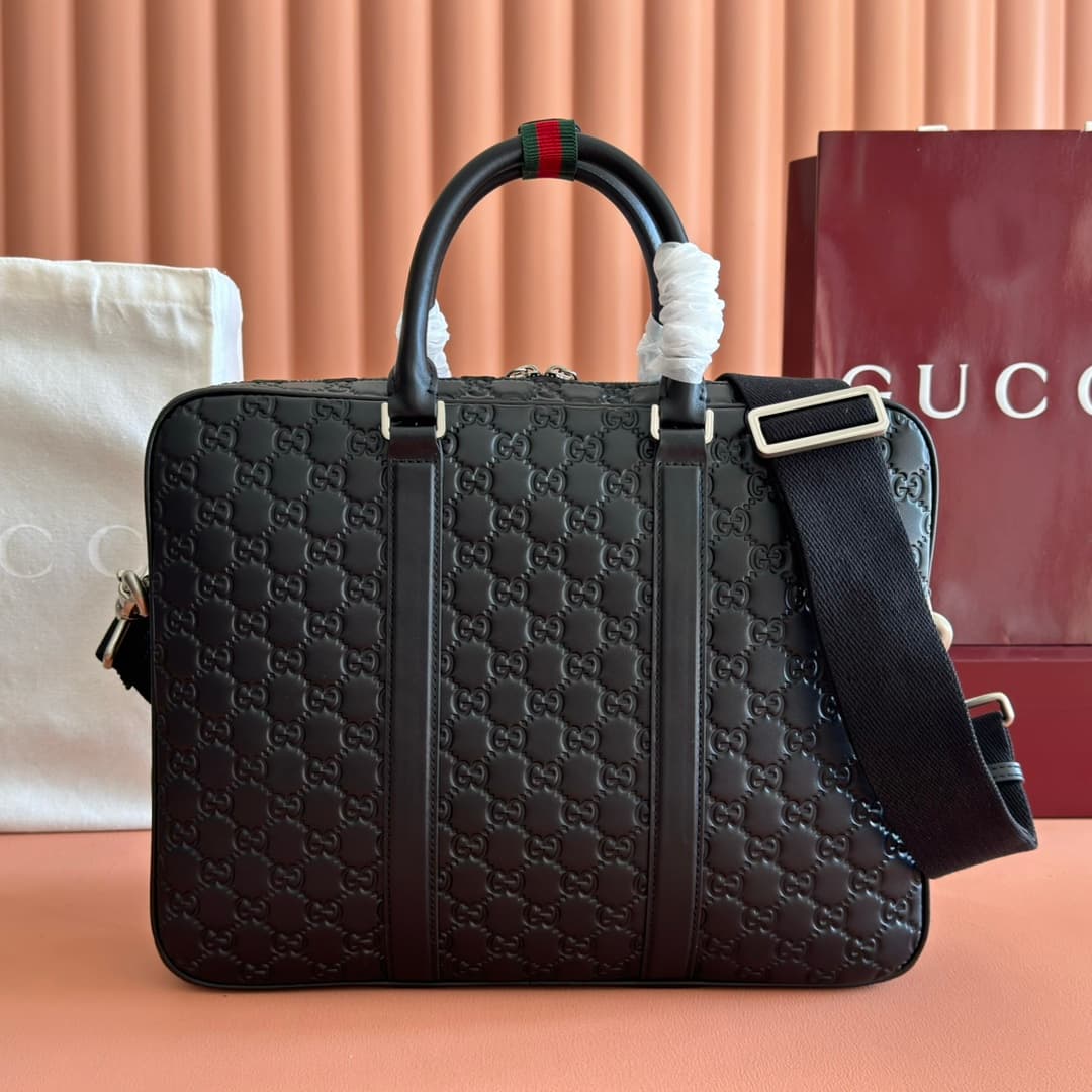 Gucci GG Emblem large briefcase Black embossed GG soft leather 850222 High