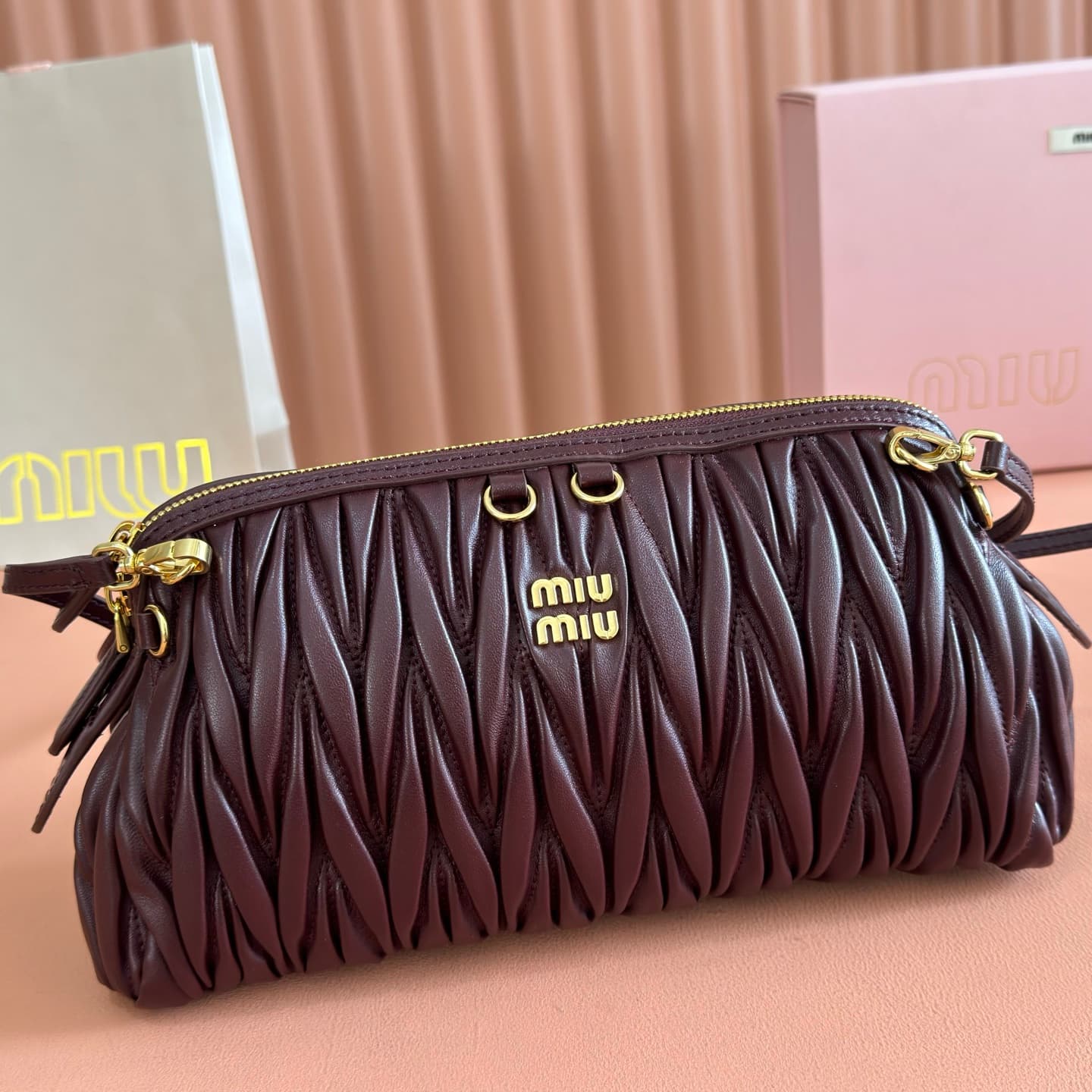Miu Miu Caprice matelassé nappa leather clutch Burgundy TOP