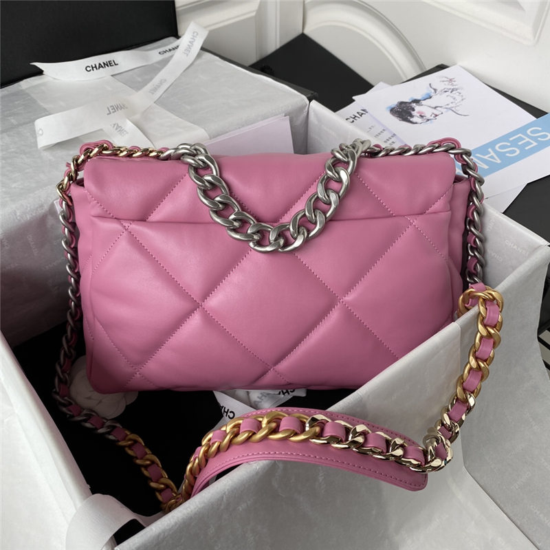 Large Chanel 19 Flap Bag Lambskin Dark Pink Silver High