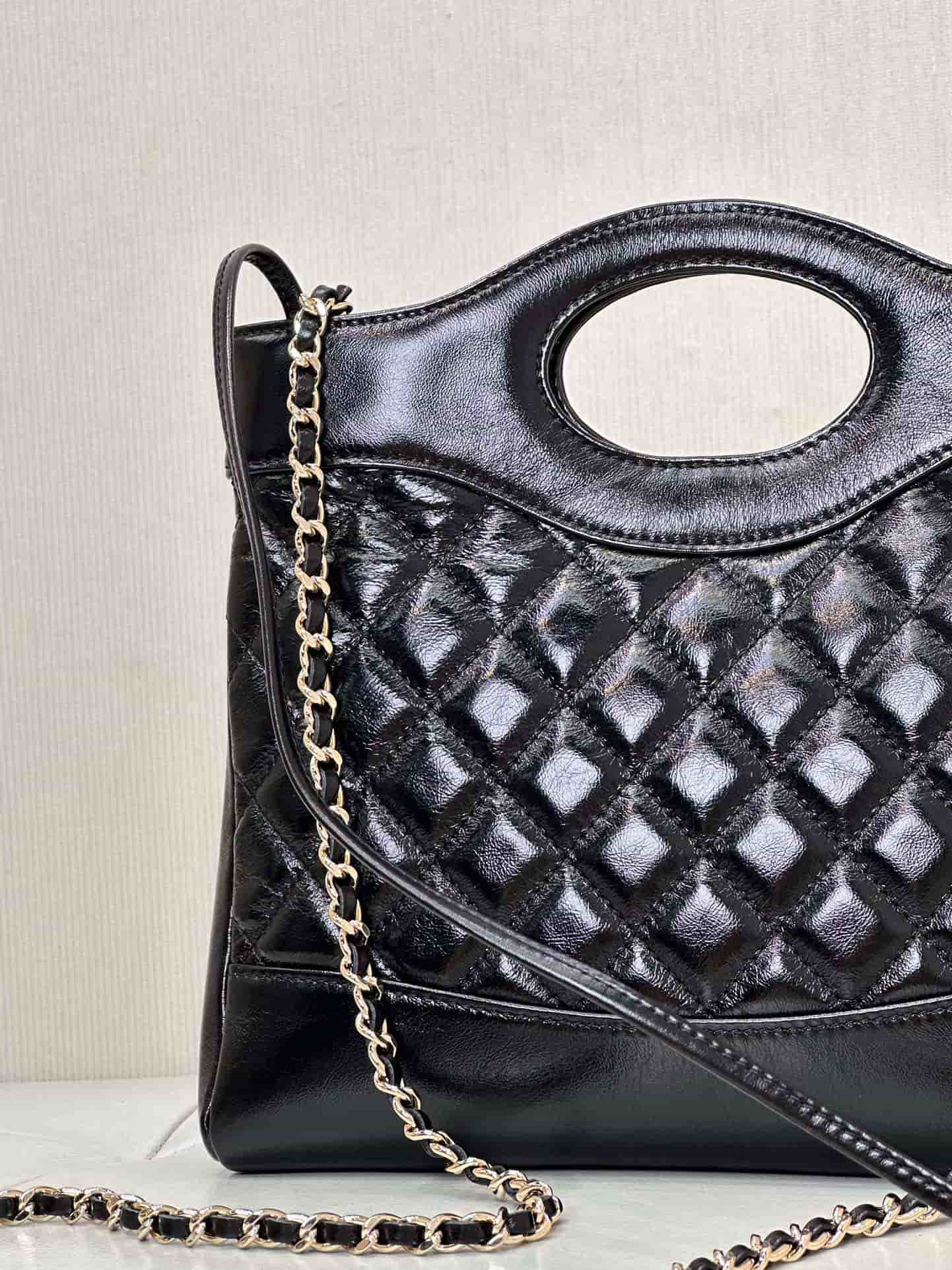 CHANEL 31 Mini Shopping Bag Shiny Calfskin & Gold-Tone Metal AS4133 Black TOP