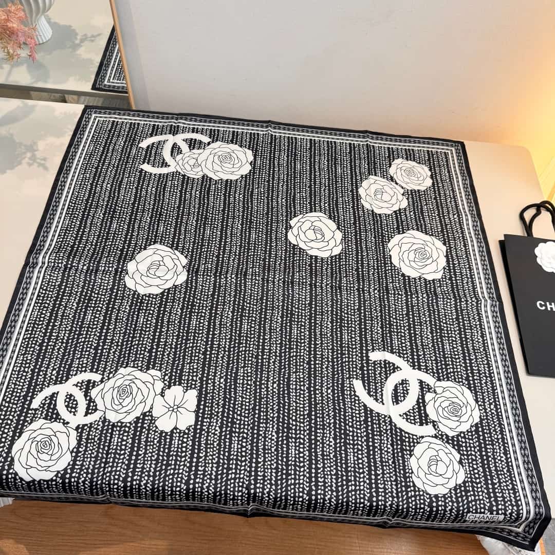 Chanel Camellia Flower Print Silk Square Scarf