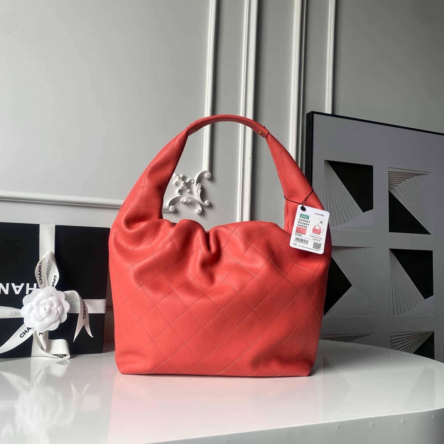 Chanel Hobo Handbag Calfskin & Gold-Tone Metal AS5967 Coral-Colored  A
