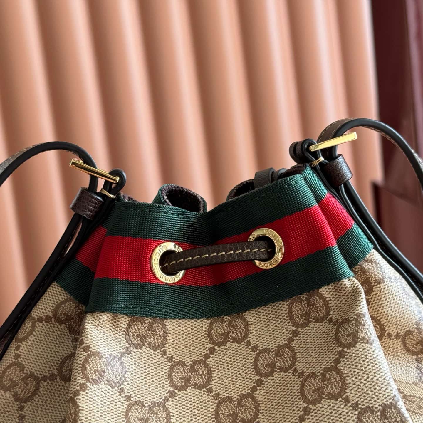 Gucci Mini bucket bag with Web Sand and dark brown GG coated canvas 876060 High