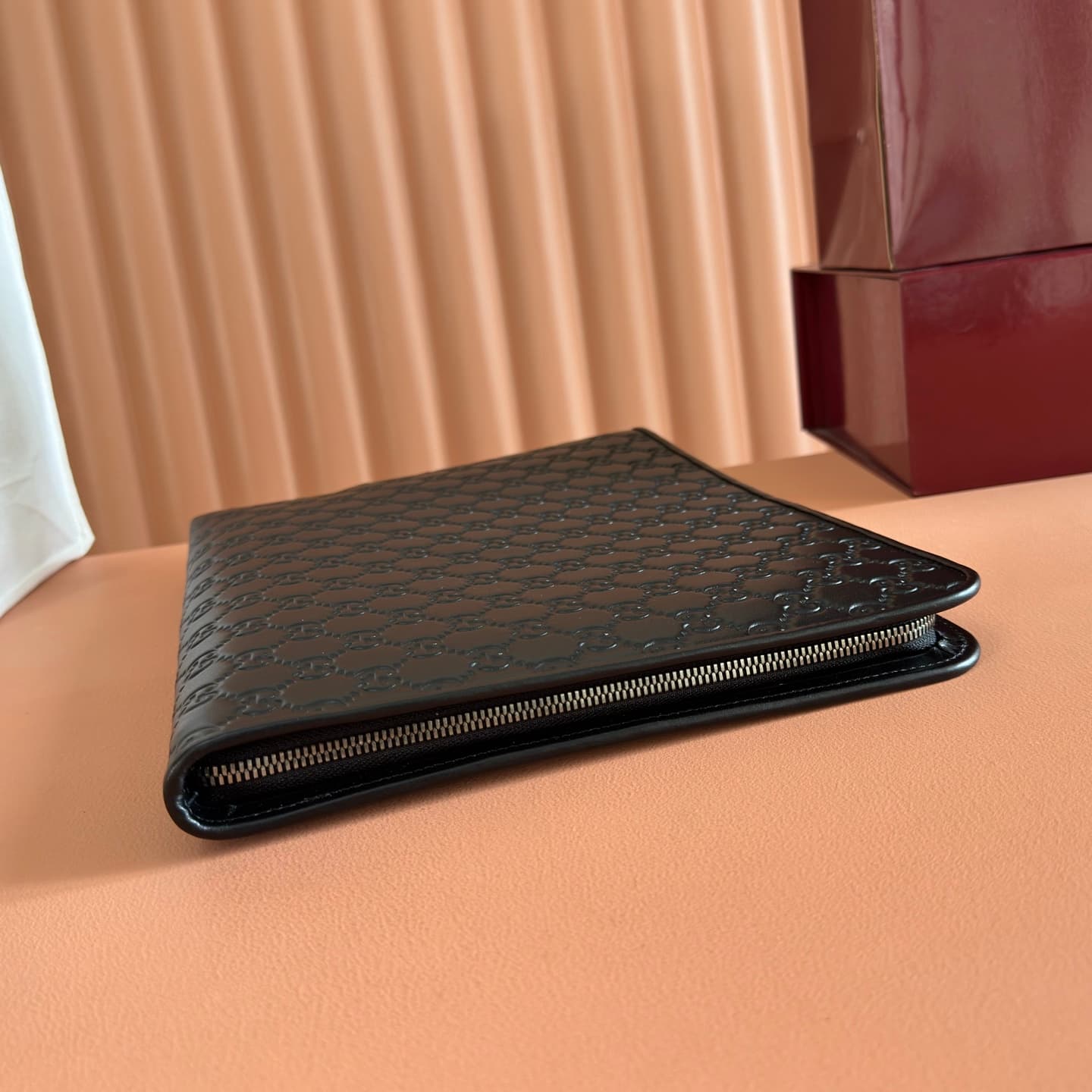 Gucci GG Emblem medium pouch Black embossed GG leather ‎850223 High
