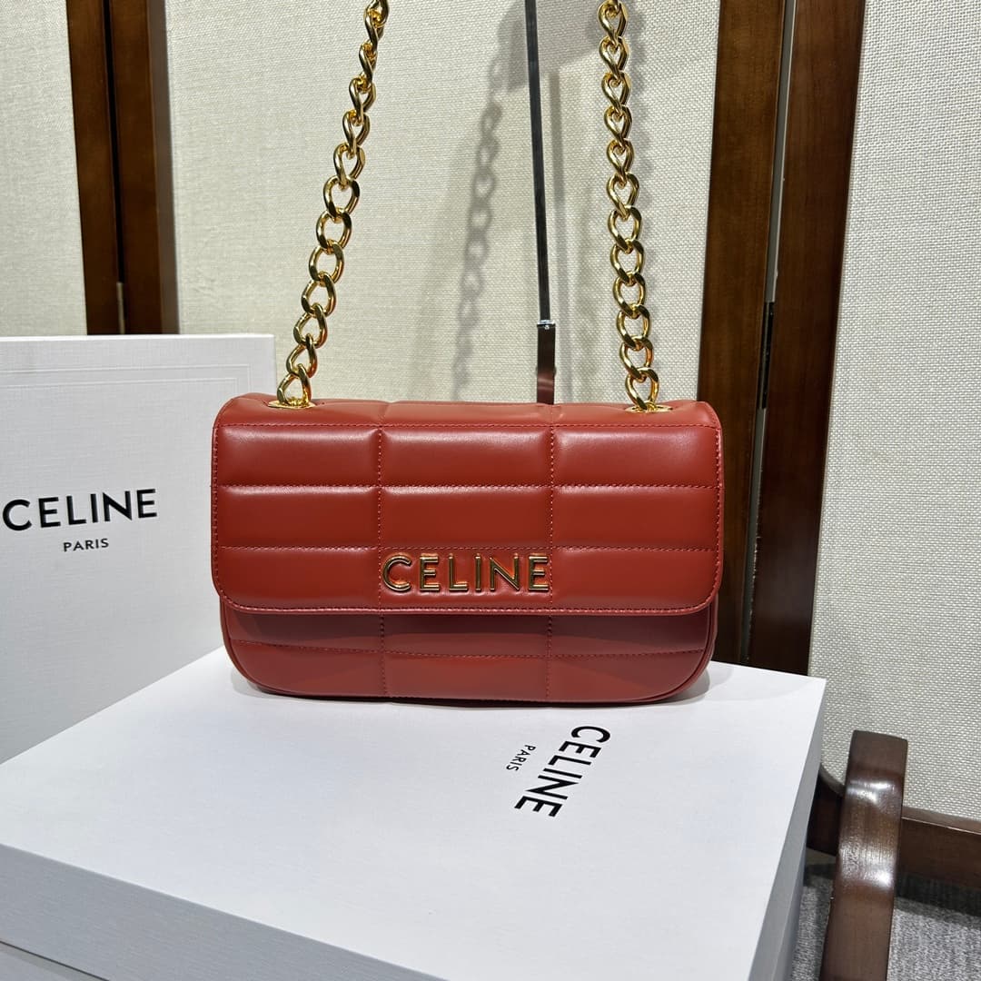 Celine Matelasse Monochrome Chain Shoulder Bag Red High