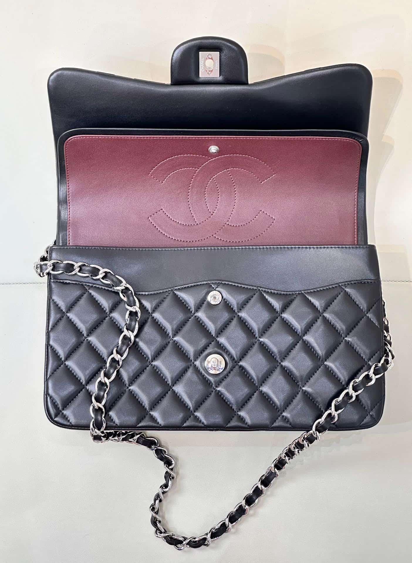 Chanel Large CLASSIC HANDBAG Lambskin Black Silver Metal TOP