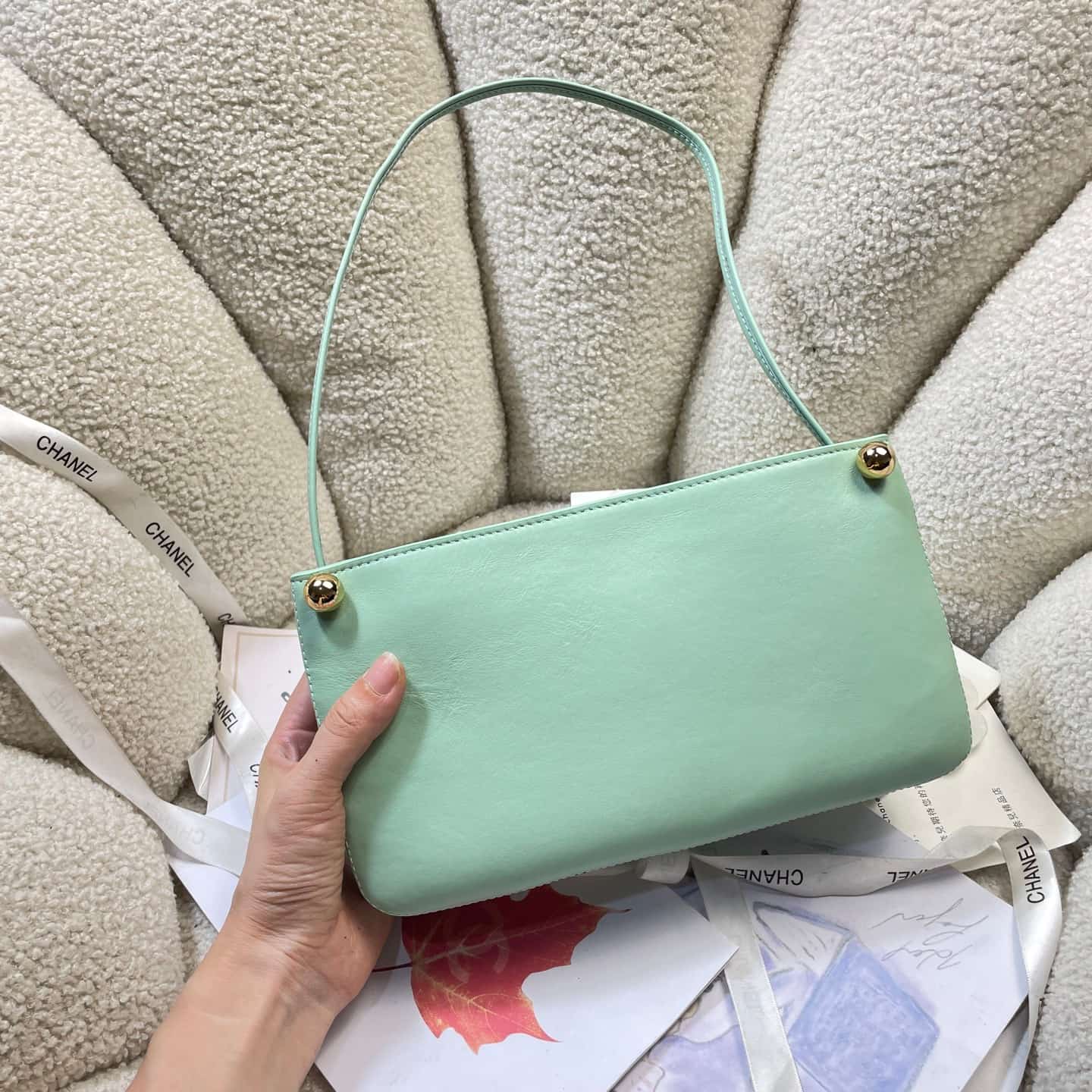Chanel Shoulder Bag Shiny Calfskin& Gold-Tone Metal Green AS6238 High