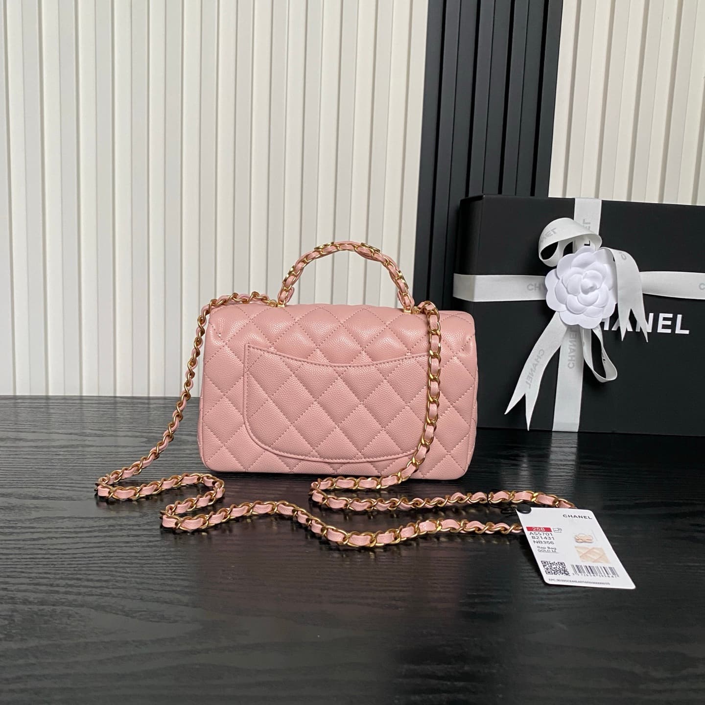 Chanel Mini Flap Bag with Top Handle Grained Shiny Calfskin & Gold-Tone Metal Light Pink AS5701 A