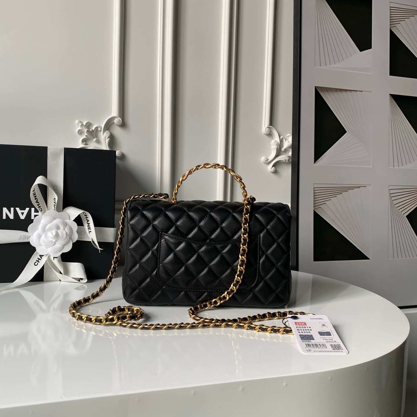 Chanel Small Flap Bag with Top Handle Lambskin& Gold-tone Metal Black AS5814 A