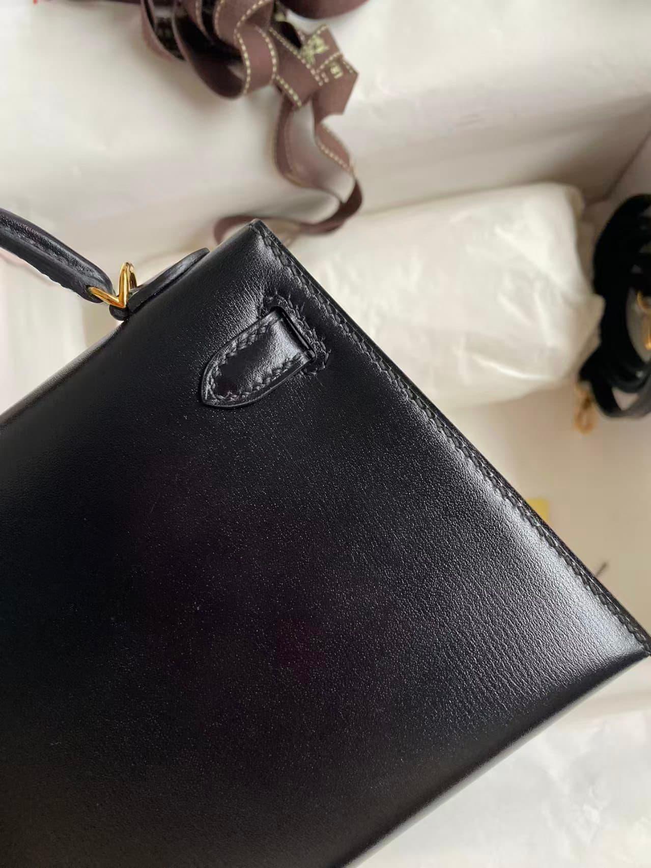 Hermes Kelly Mini II Bag Box Leather WAX Silver/Gold Metal Black High