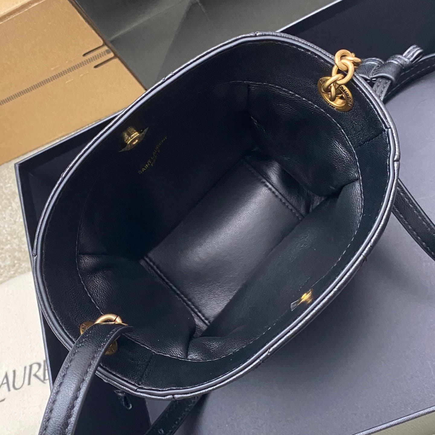 Saint Laurent Jamie Mini Leather Bucket Bag Black Lambskin 859174 High