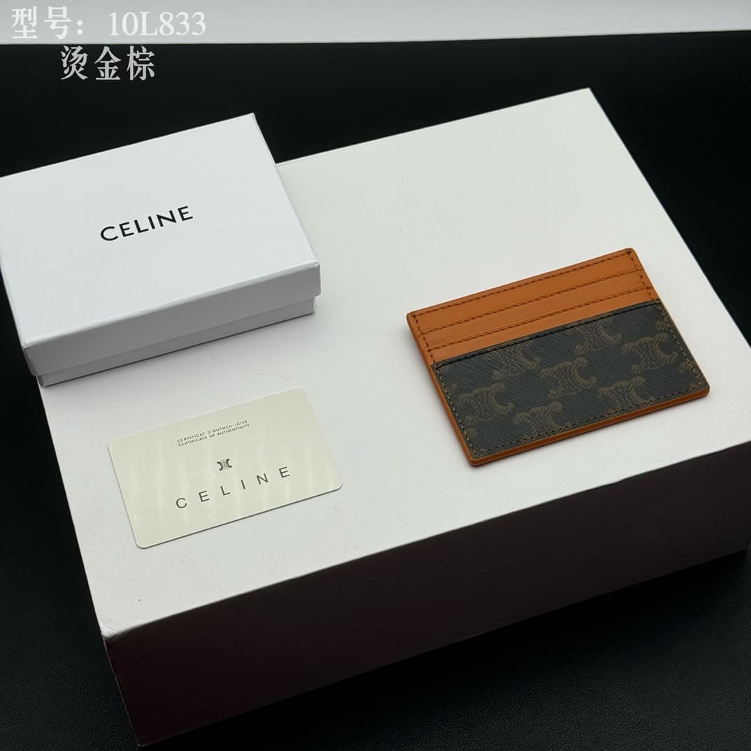 Celine Triomphe Canvas and Calfskin card holder in Caramel High