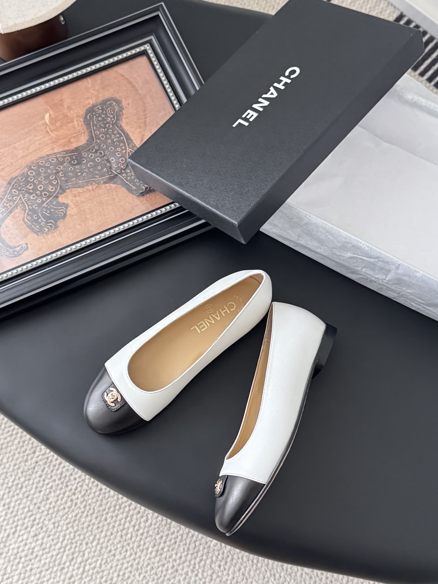 Chanel Lambskin Cap Toe CC Ballerina Flats Shoes Women