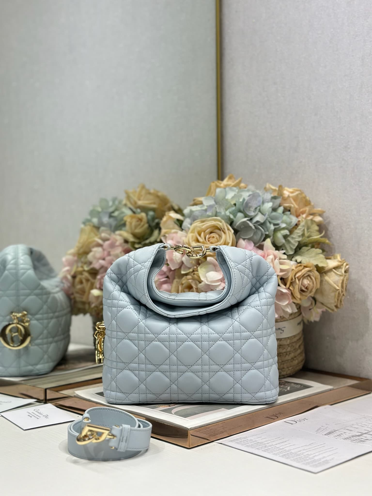 Dior Macrocannage Calfskin Handbag Ice Blue High