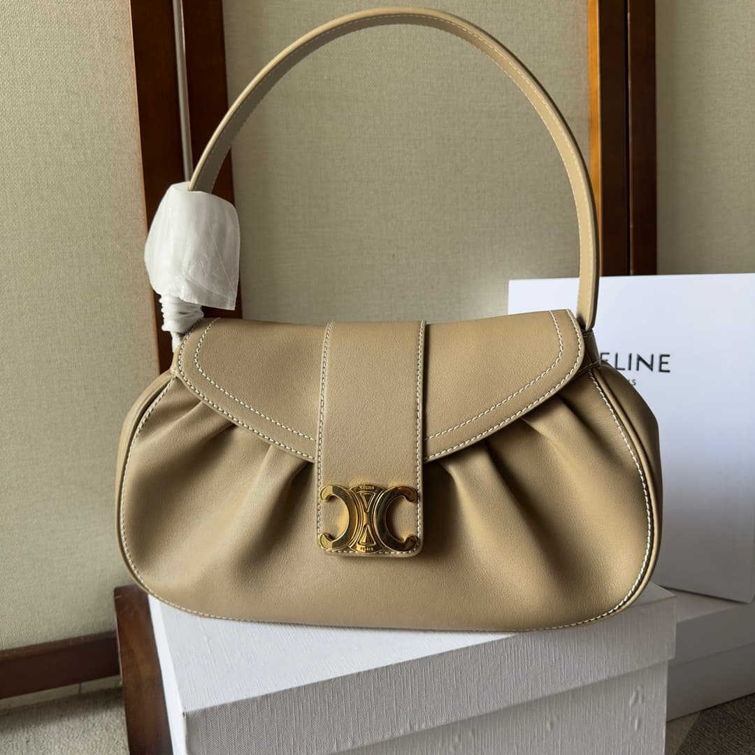 Celine Polly Medium Leather Shoulder Bag Beige High