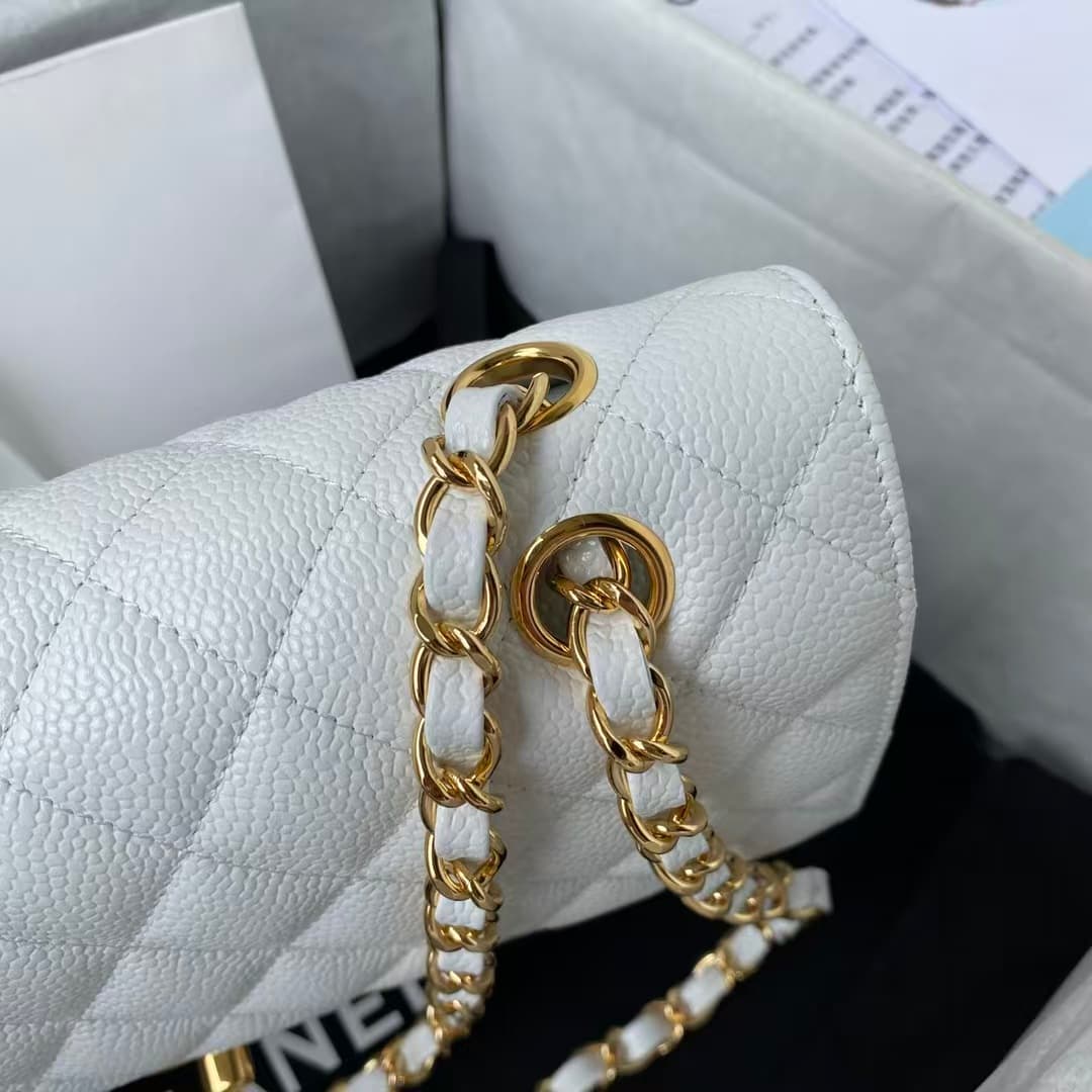 Chanel Medium CLASSIC HANDBAG Grained Calfskin White Gold Metal A