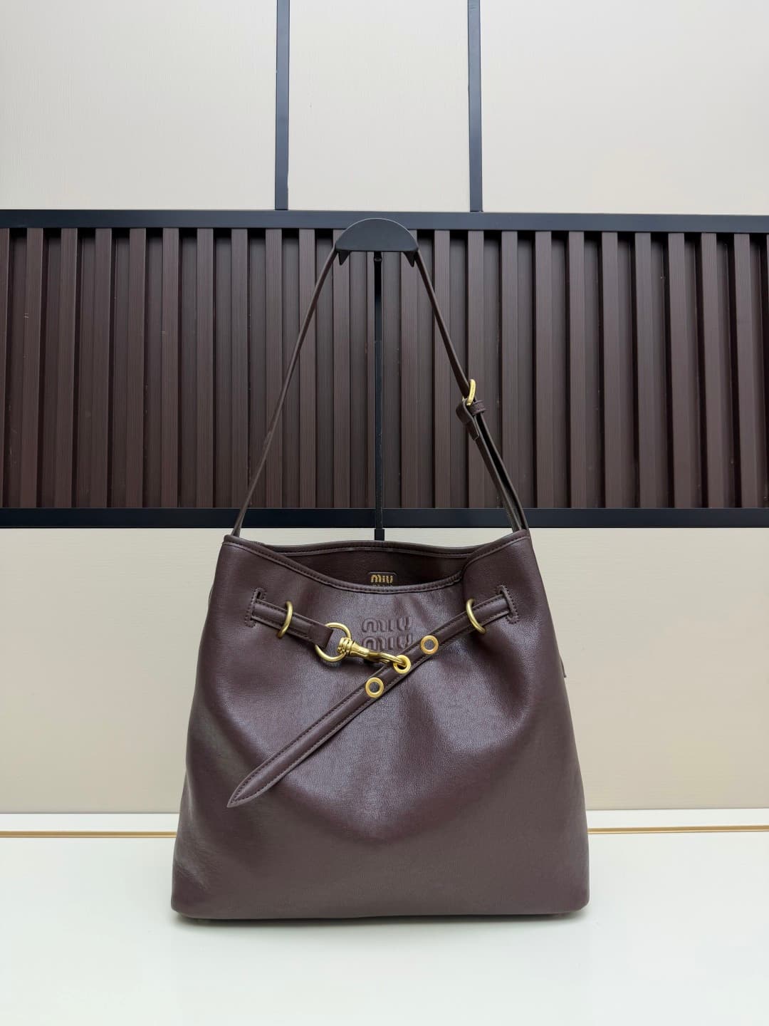 Miu Miu Aventure Calfskin Leather Bucket Bag Dark Brown High