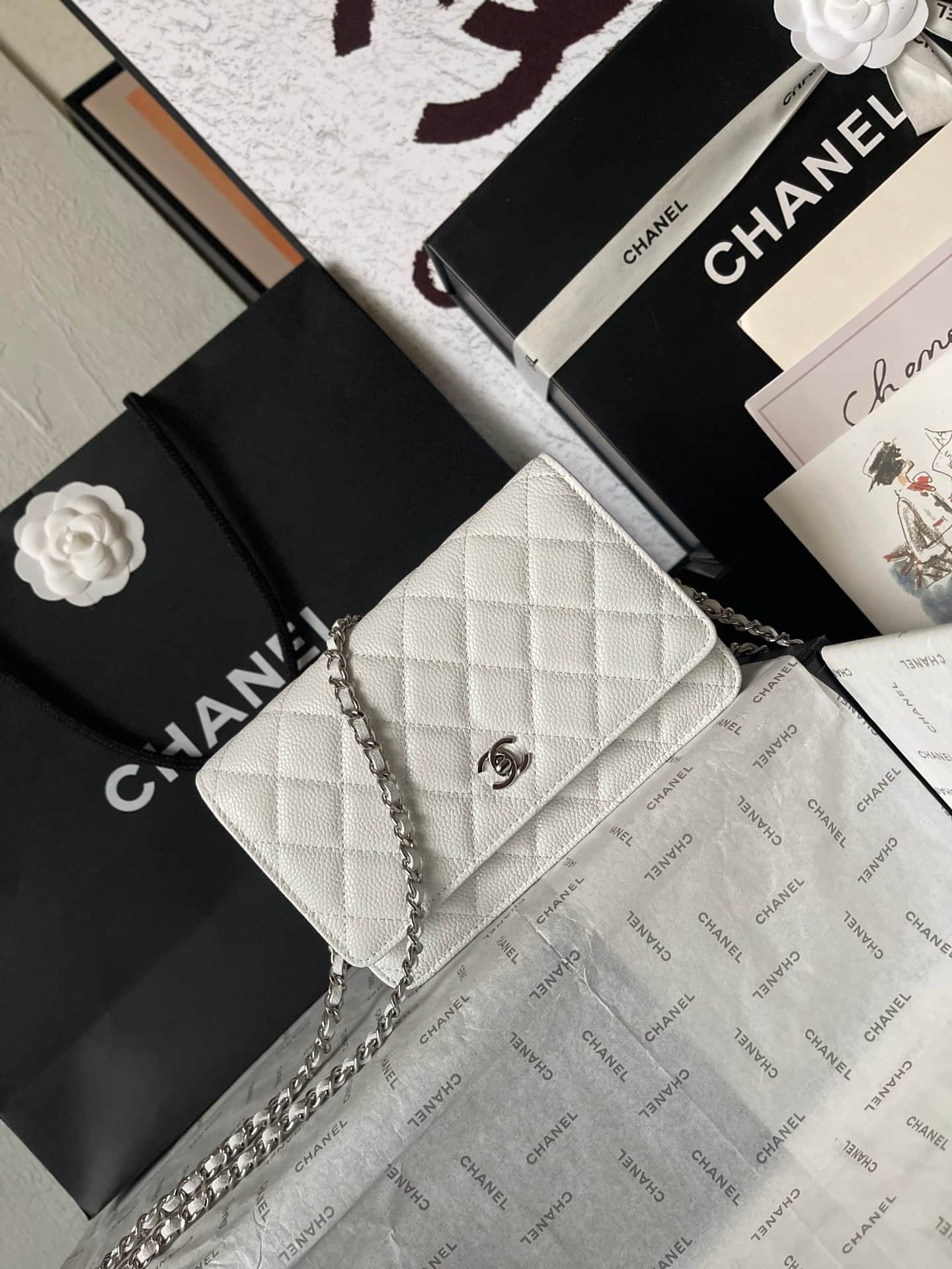 Chanel Classic Wallet on Chain Grained Shiny Calfskin & Silver-Tone Metal AP4241 White A
