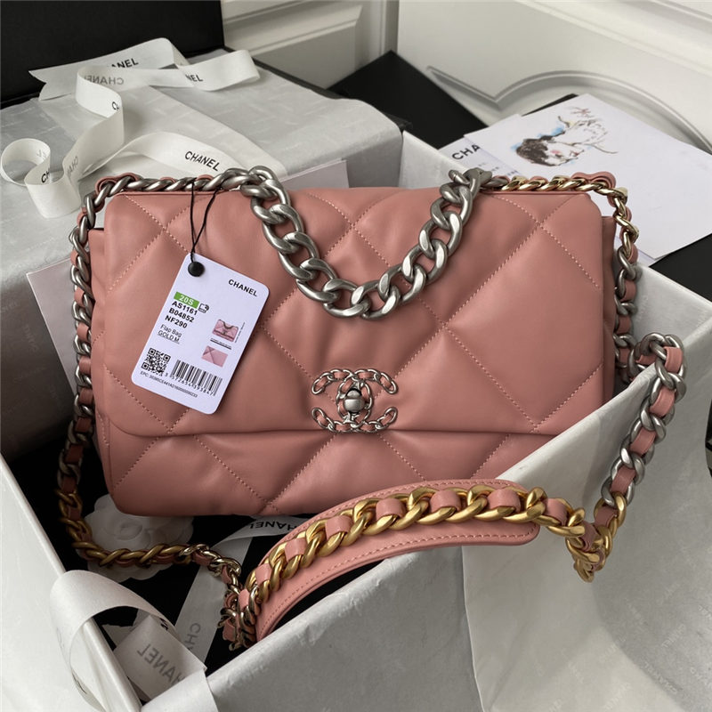 Large Chanel 19 Flap Bag Lambskin Coral Silver High