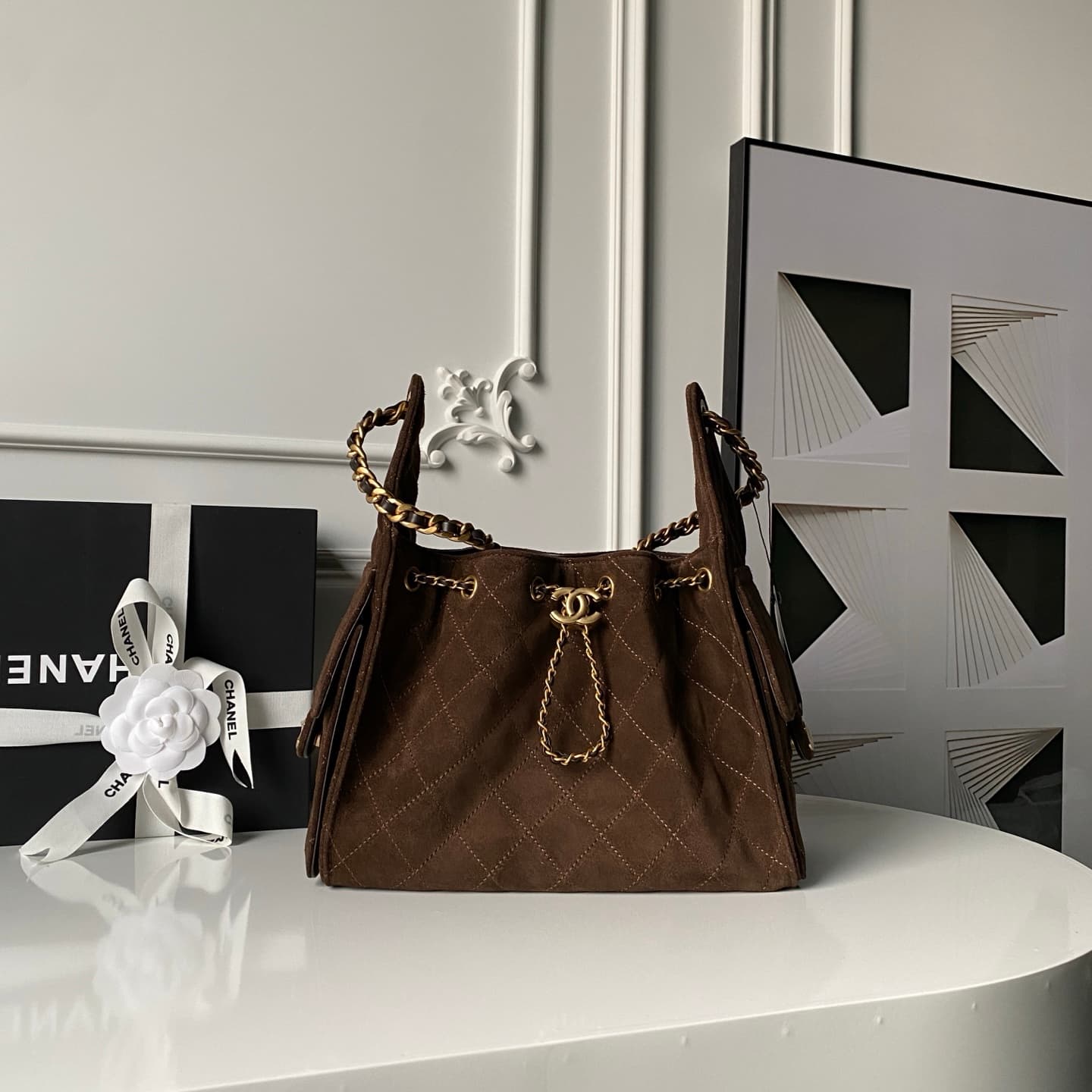 Chanel 25 Small Hobo handbag AS5293 Suede& Gold-Tone Metal Drak Brown A