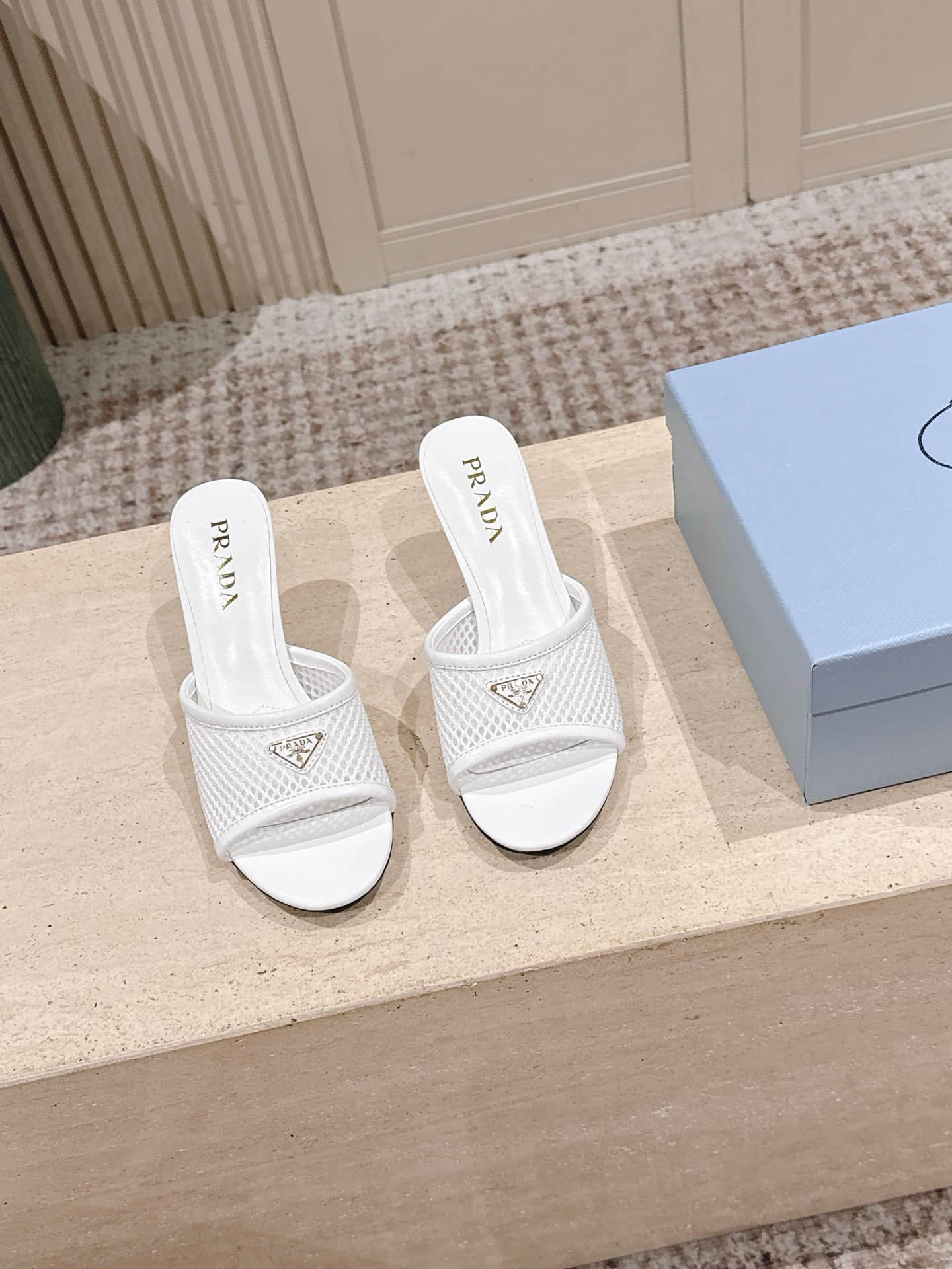 Prada Triangle Logo Mesh Slide Sandals