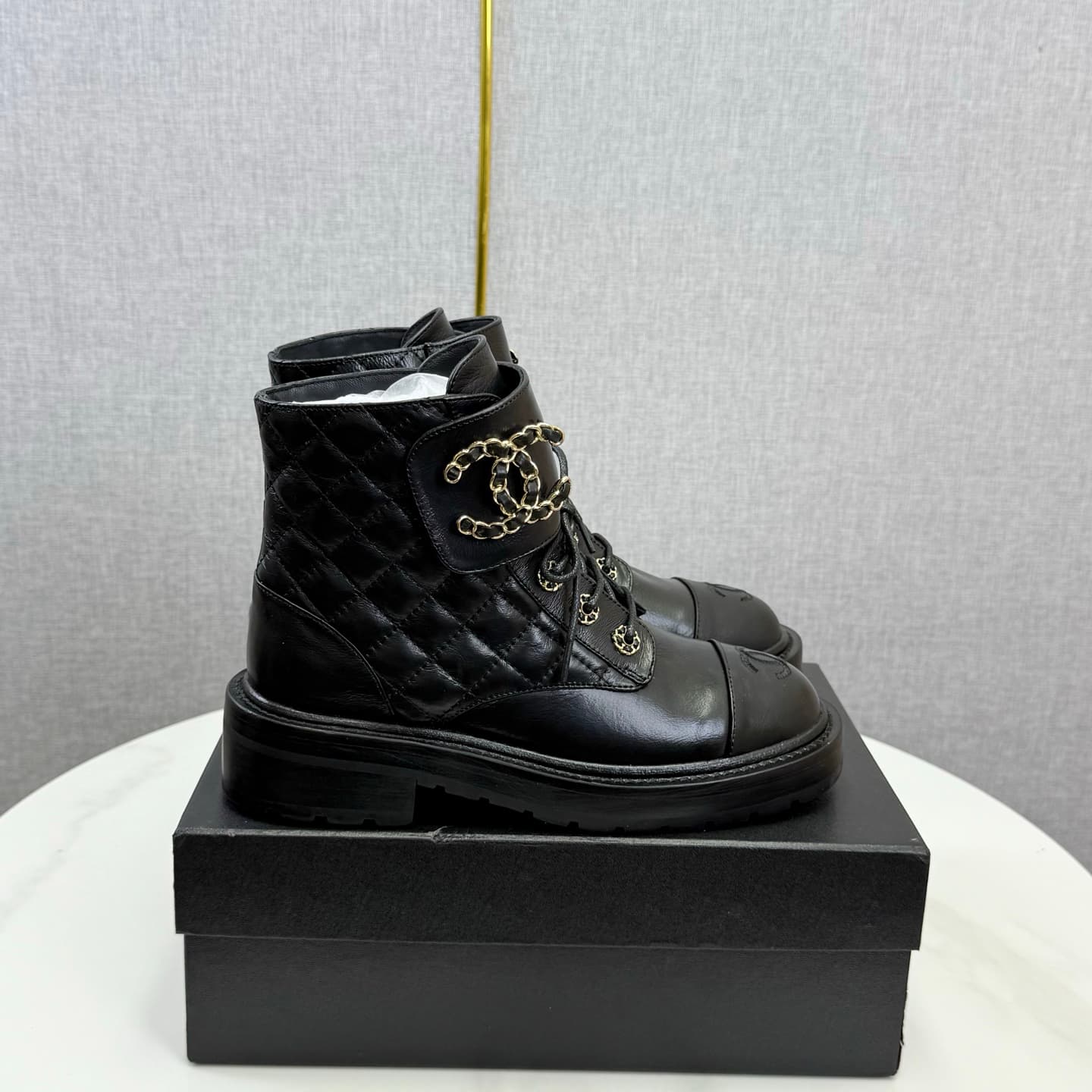 Chanel Shiny Calfskin Quilted Lace Up Combat Boots Shoes Women