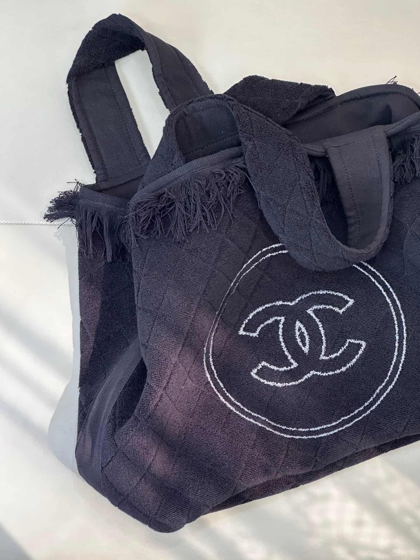 Chanel Beach Hobo Handbag Quilted Black Terry Cloth TOP