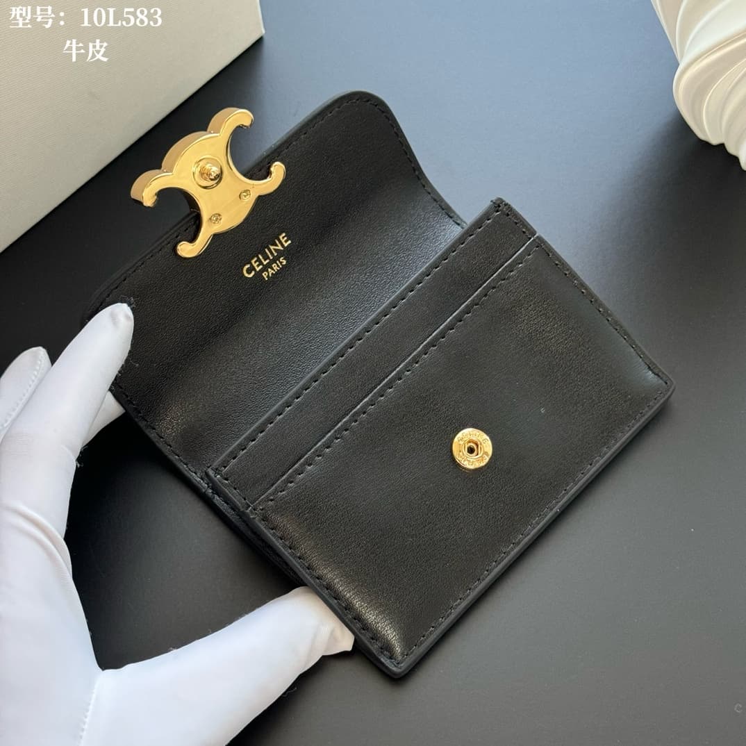 Celine Triomphe Flap Card Holder in shiny black calfskin High