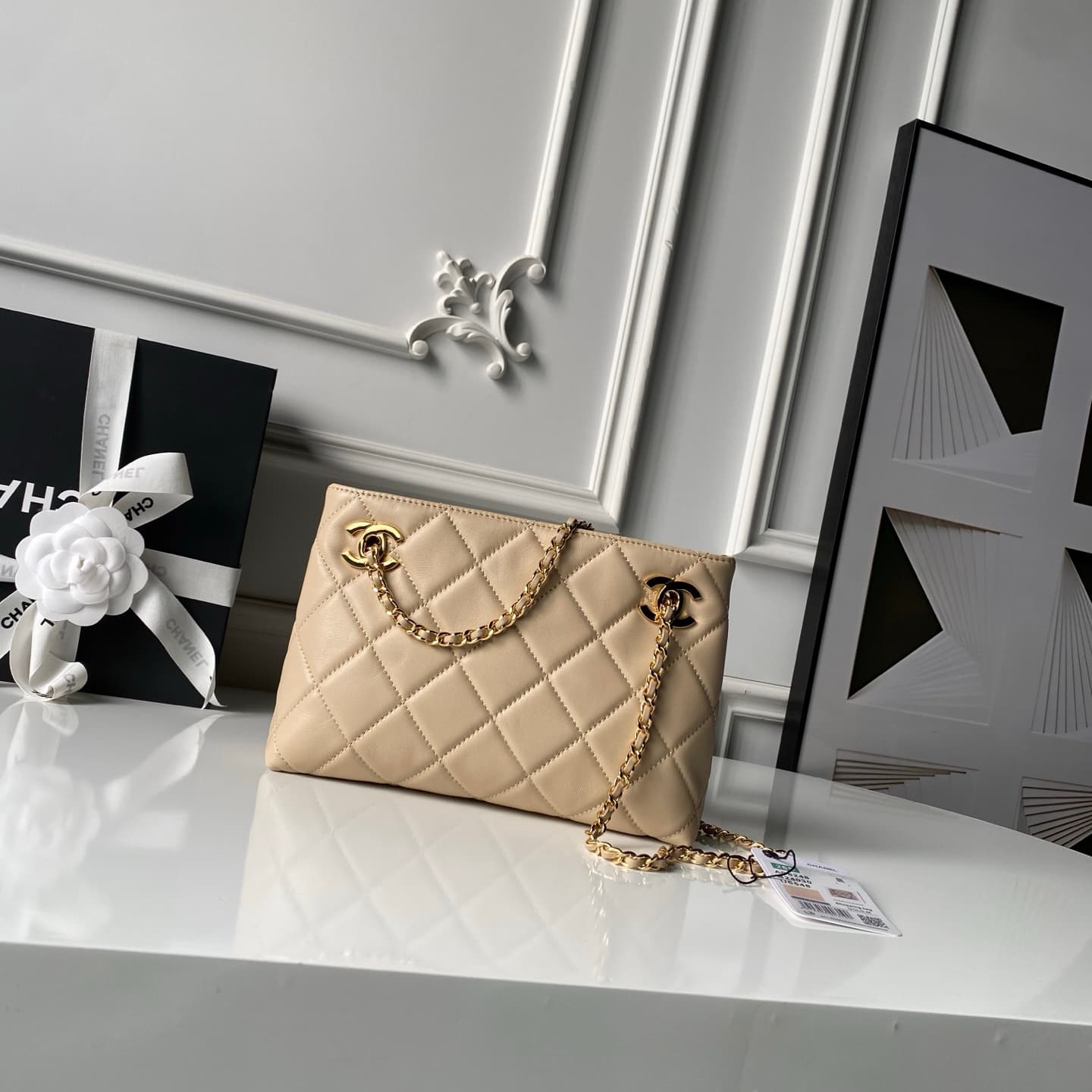 Chanel Small Shopping Bag Lambskin & Gold-Tone Metal AS6248 Beige High