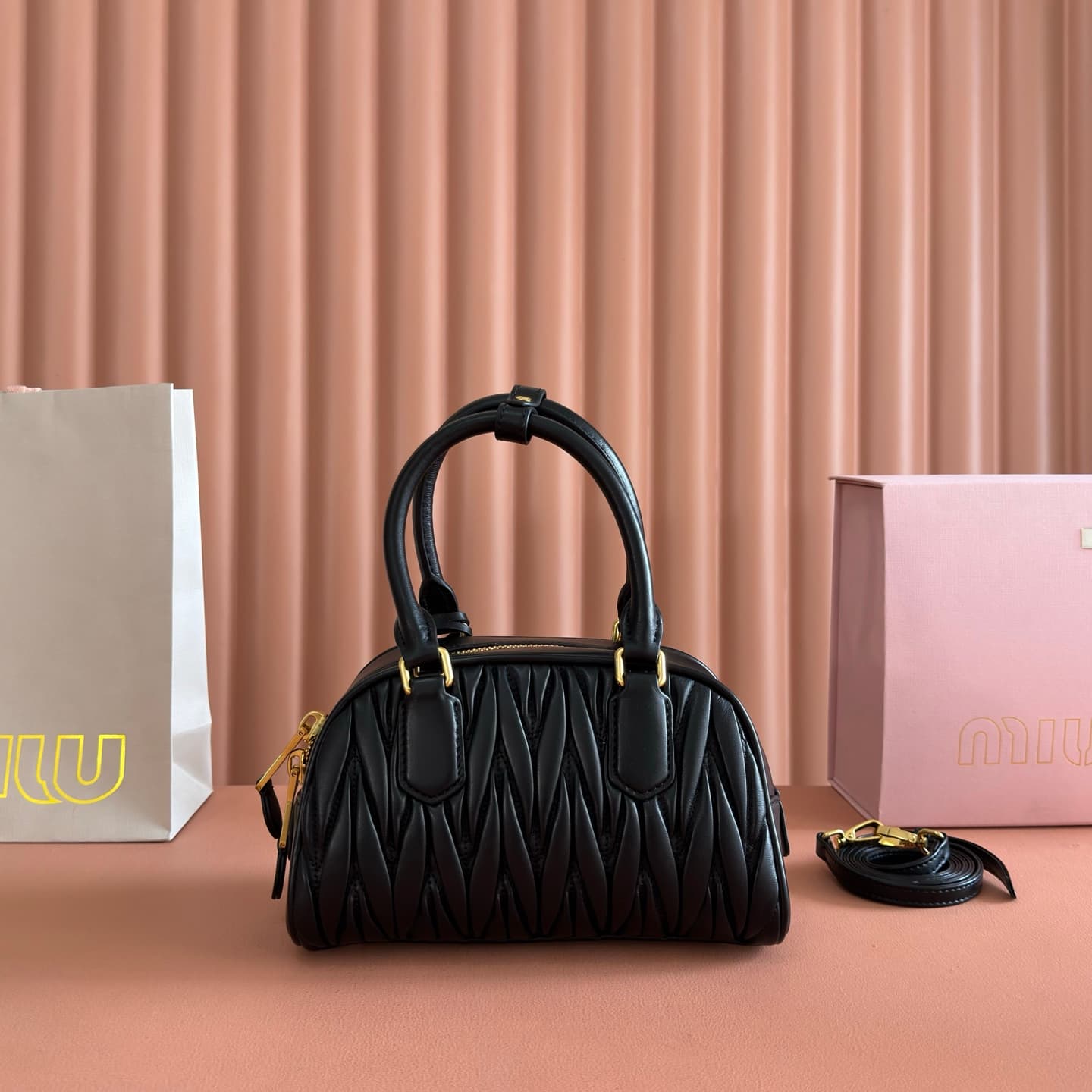 Miu Miu Arcadie Matelassé nappa leather bag Black 5BB191 TOP