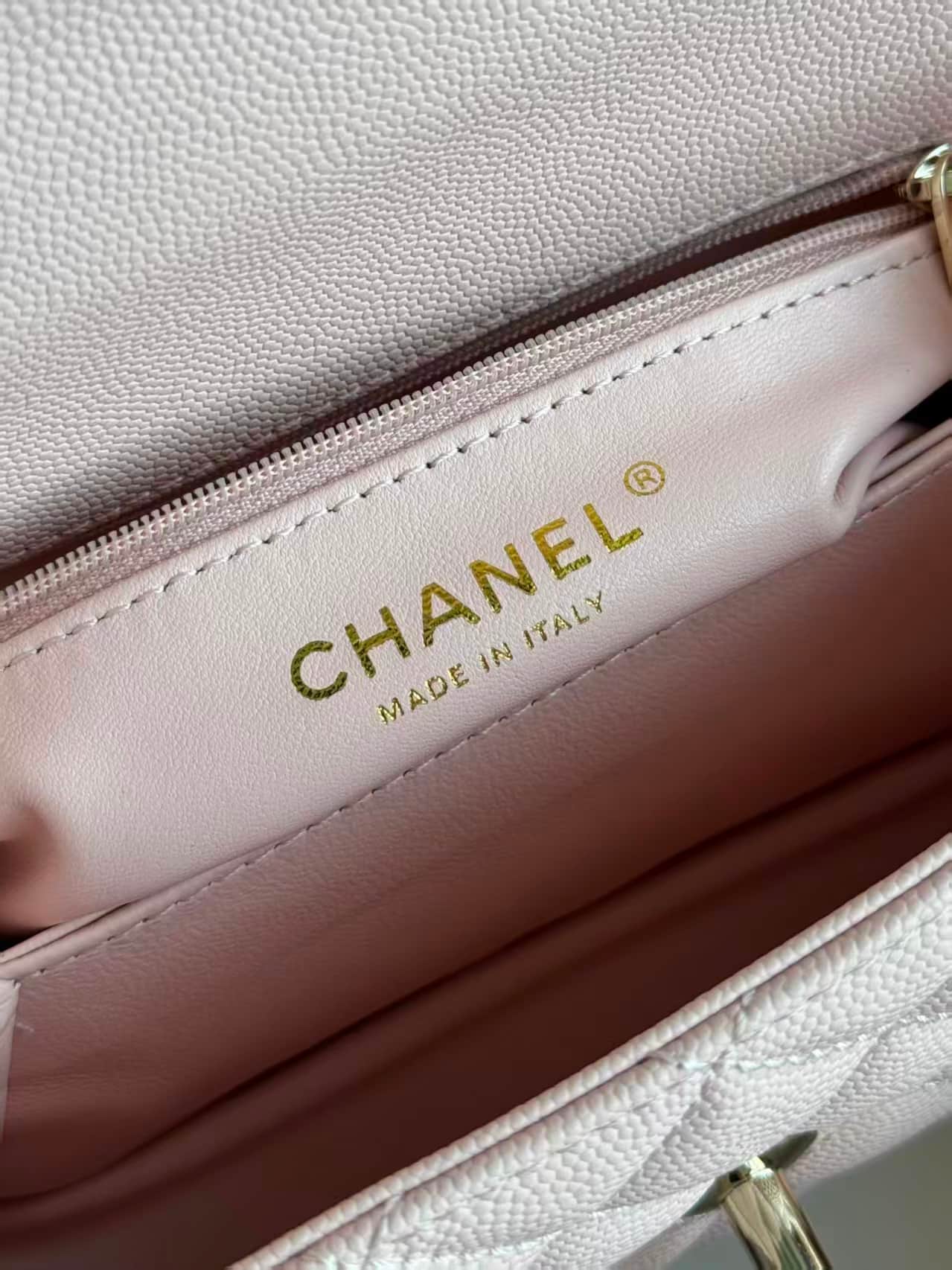 FLAP BAG WITH TOP HANDLE Grained Calfskin & Gold-Tone Metal A92990 Light Pink TOP