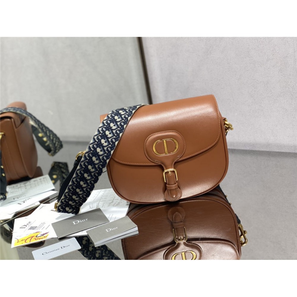 LARGE Dior BOBBY BAG Box Calfskin with Blue Dior Oblique Embroidered Strap Dark Tan High